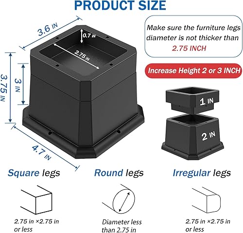 Miniatura 2 de ANNKUT Elevadores ajustables para muebles de cama, altura de 2 o 3 pulgadas, elevadores resistentes para levantar patas de mesa de silla, elevadores