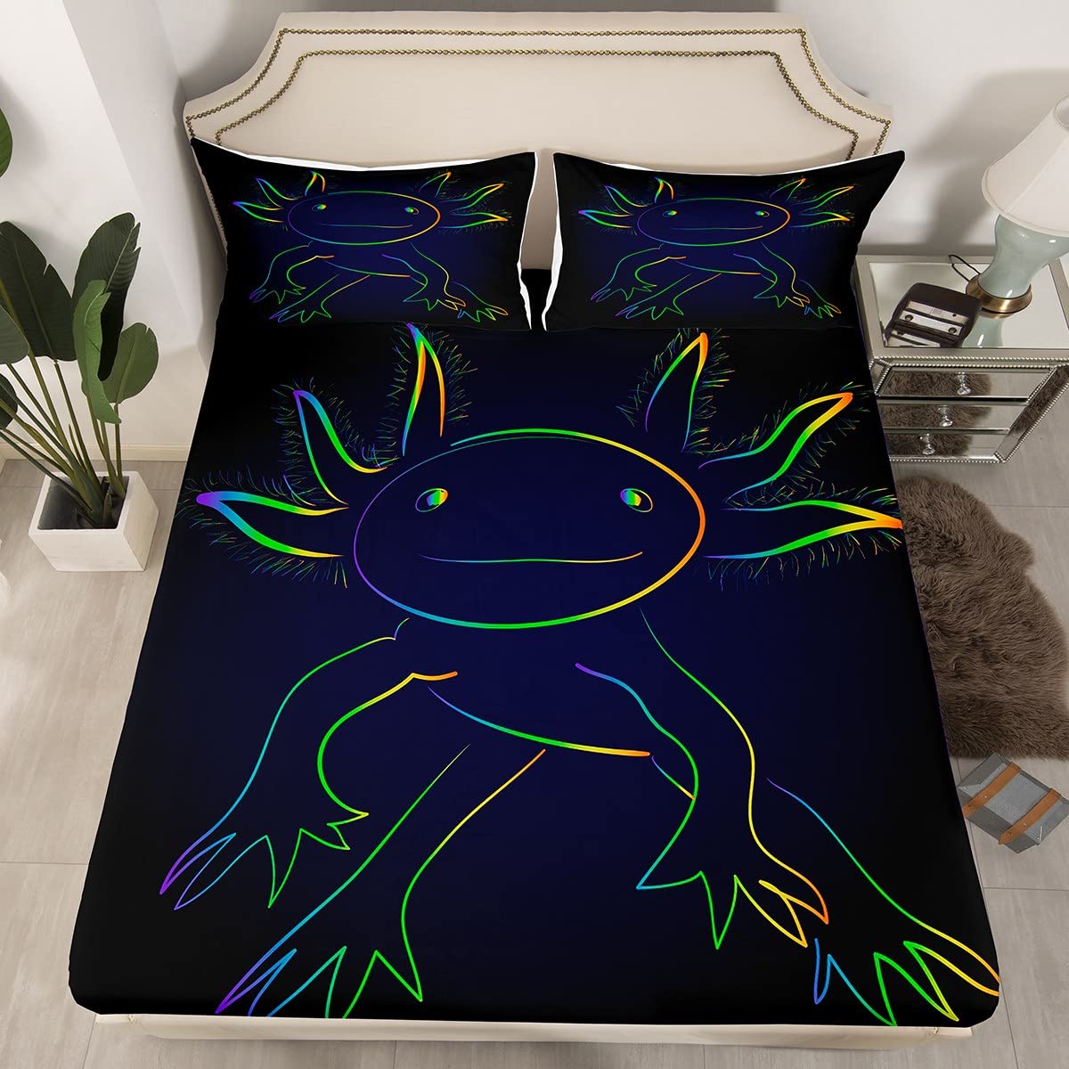 Cute Axolotl Bed Sheet Set Cartoon Salamander Bedding Sheets for Kids Boys Girls Black Axolotl Bedding Fitted Sheet Ocean Sealife Bed Sheet Set Single Size