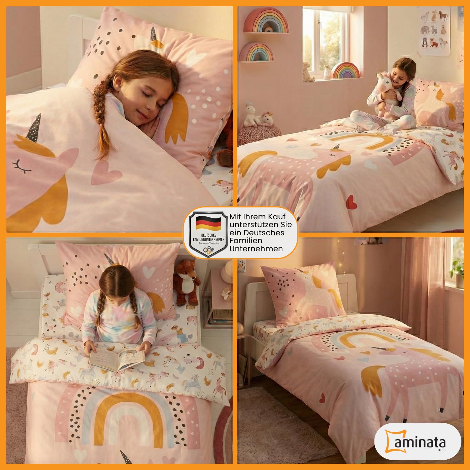 Aminata kids Bettwäsche Kinder 135x200 Mädchen Einhorn Motiv aus Baumwolle mit Reißverschluss Kinder-Bettwäsche-Set Jugendliche Teenager Einhornbettwäsche beige Tiere Tier-Motiv