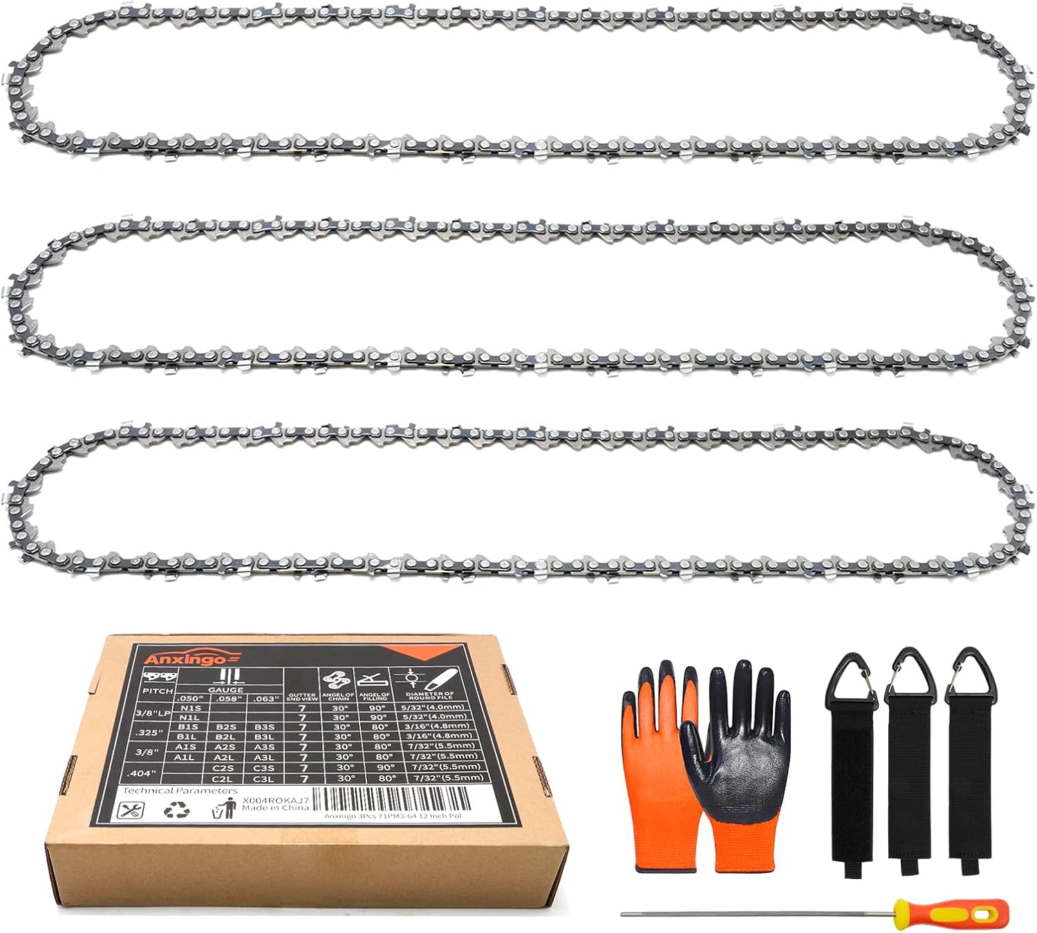 Anxingo 4 Pack 16 Inch Chainsaw Chain 3/8" LP Pitch .043'' Gauge 56 Drive Links Replacement for EGO Greenworks PoulanMakita and more
