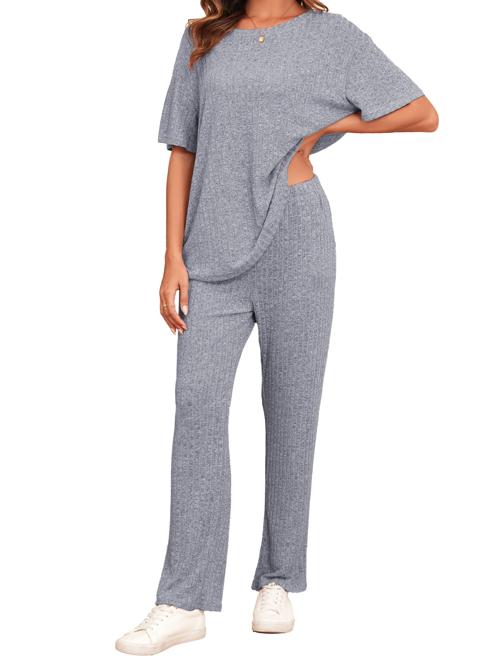 Famulily Schlafanzüge für Damen Sommer Kurzarm Loungewear Hausanzug Weites Bein Freizeitanzug Zweiteiler Set Outfit mit Taschen
