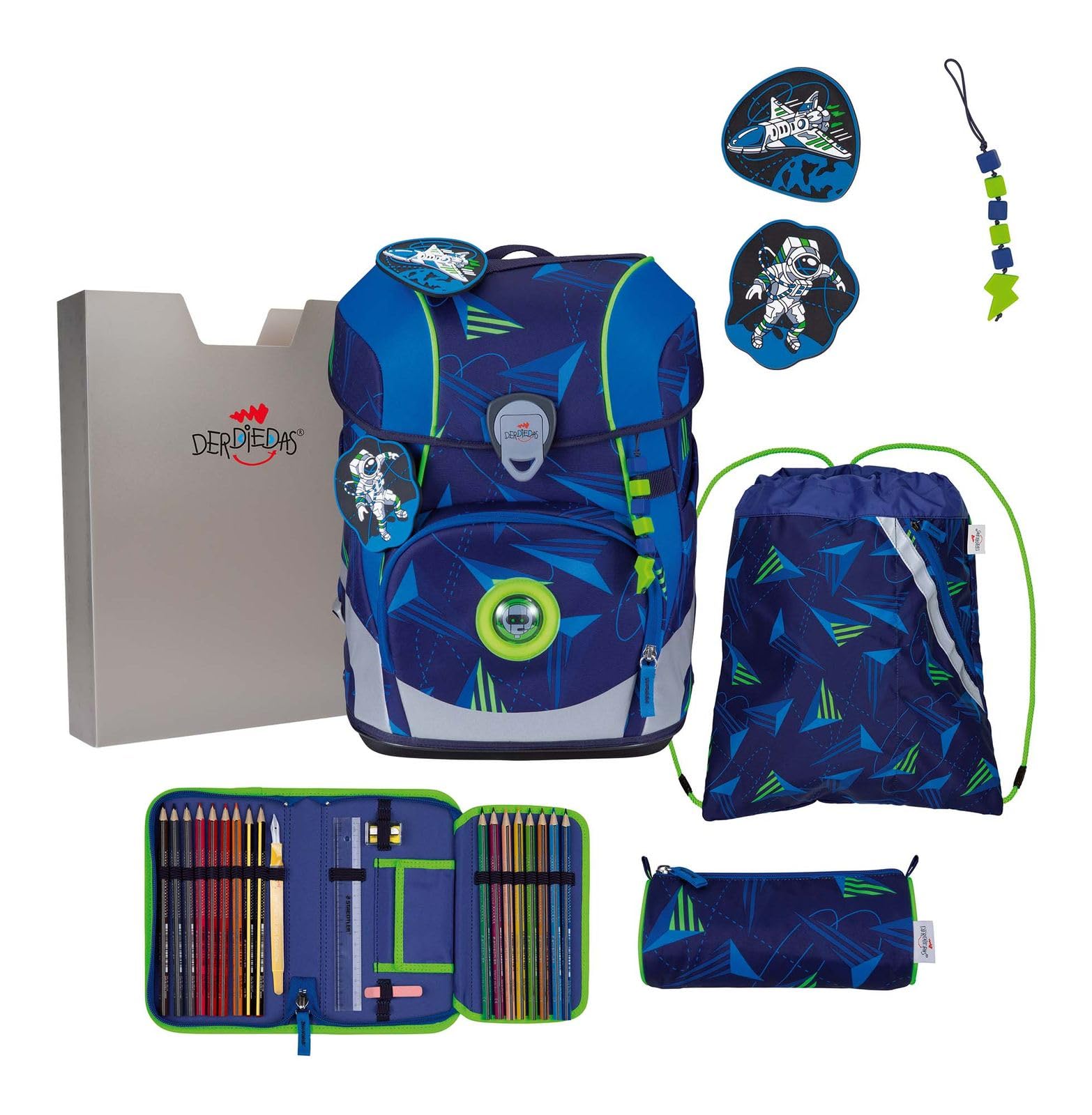 DerDieDas Schulranzen ErgoFlex Tiny LED Set 6-teilig Moon Mission blau