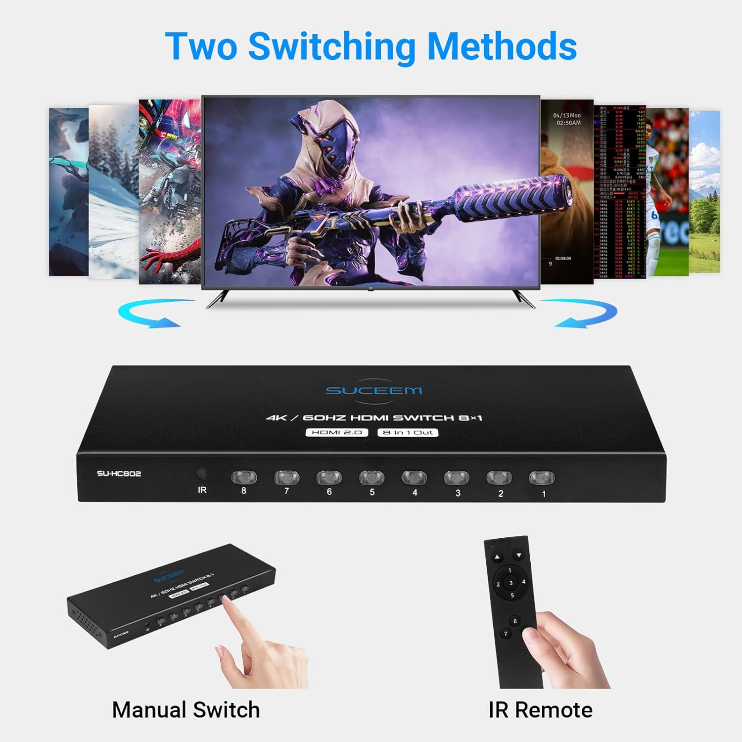 4K@60Hz HDMI Switch 8 in 1 Out, HDMI Switcher Selector Box with IR Remote Control, Support 4K 60Hz Ultra HDR HDCP 3D for Xbox PS5 PS4 Xbox PC Laptop