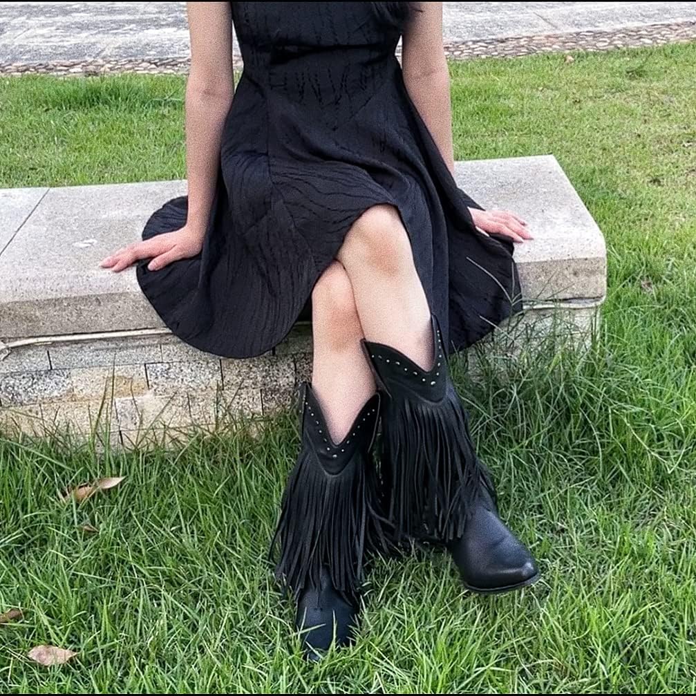 SheSole Women's Fringe Western Boots Wide Calf Riding Cowgirl Cowboy boots Black - Image 3