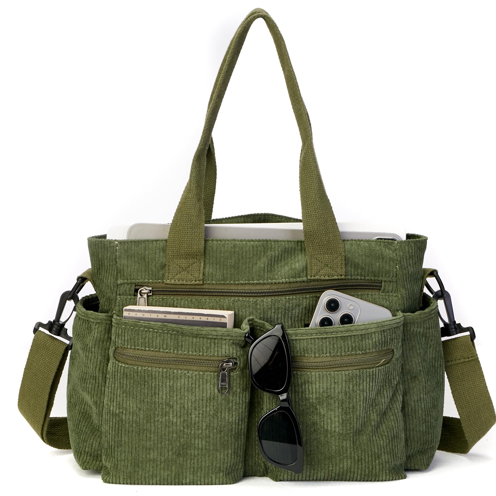 YDF Tote Bag for Women, Corduroy Crossbody Purse, Travel Shoulder Bag, Work Handbag, Everyday Hobo Tote Bag for School (Olive Green)