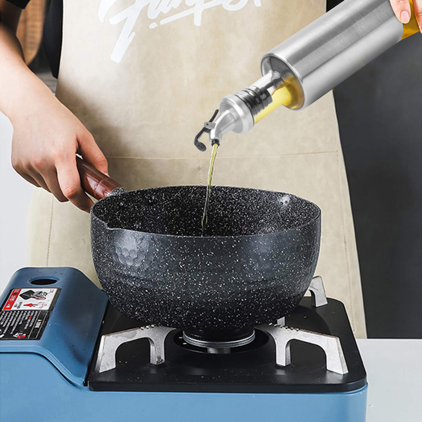 Only fire - Set di 2 dispenser per olio e aceto, in acciaio INOX, 340,2 g, per bottiglie di salsa in vetro, per cucina e barbecue (2 imbuto incluso)