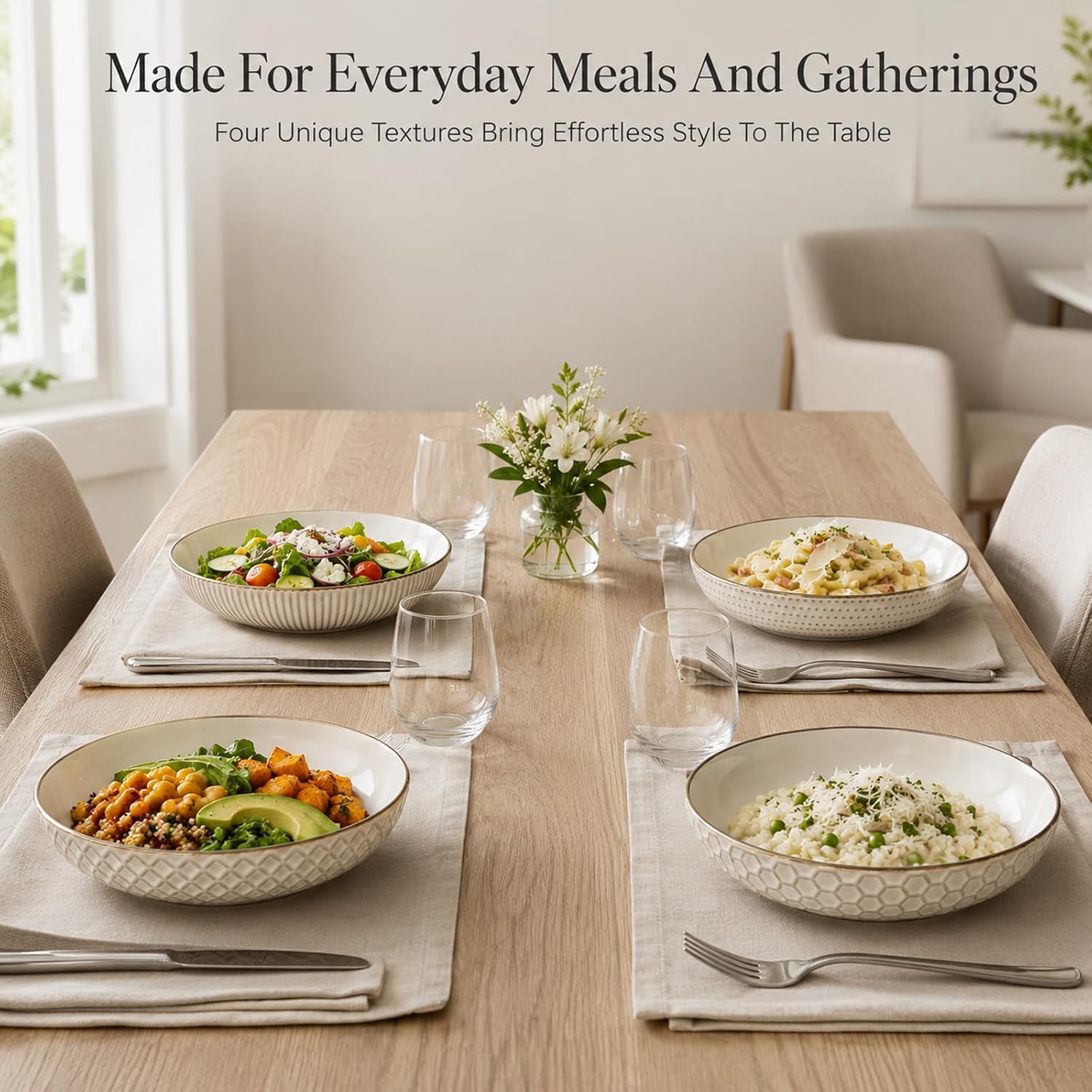 Potiera 8.5" Ceramic Large Pasta Bowls Set of 4, White Salad Serving Bowl