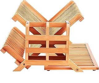 Bamboo Dish Drying Rack -Wooden Dish Dry Rack Large for Kitchen -Foldable Dish Drainers for Kitchen Counter - 3 Tier Utensil Holder -Bamboo Foldable Dish Rack for Dishes and Plates