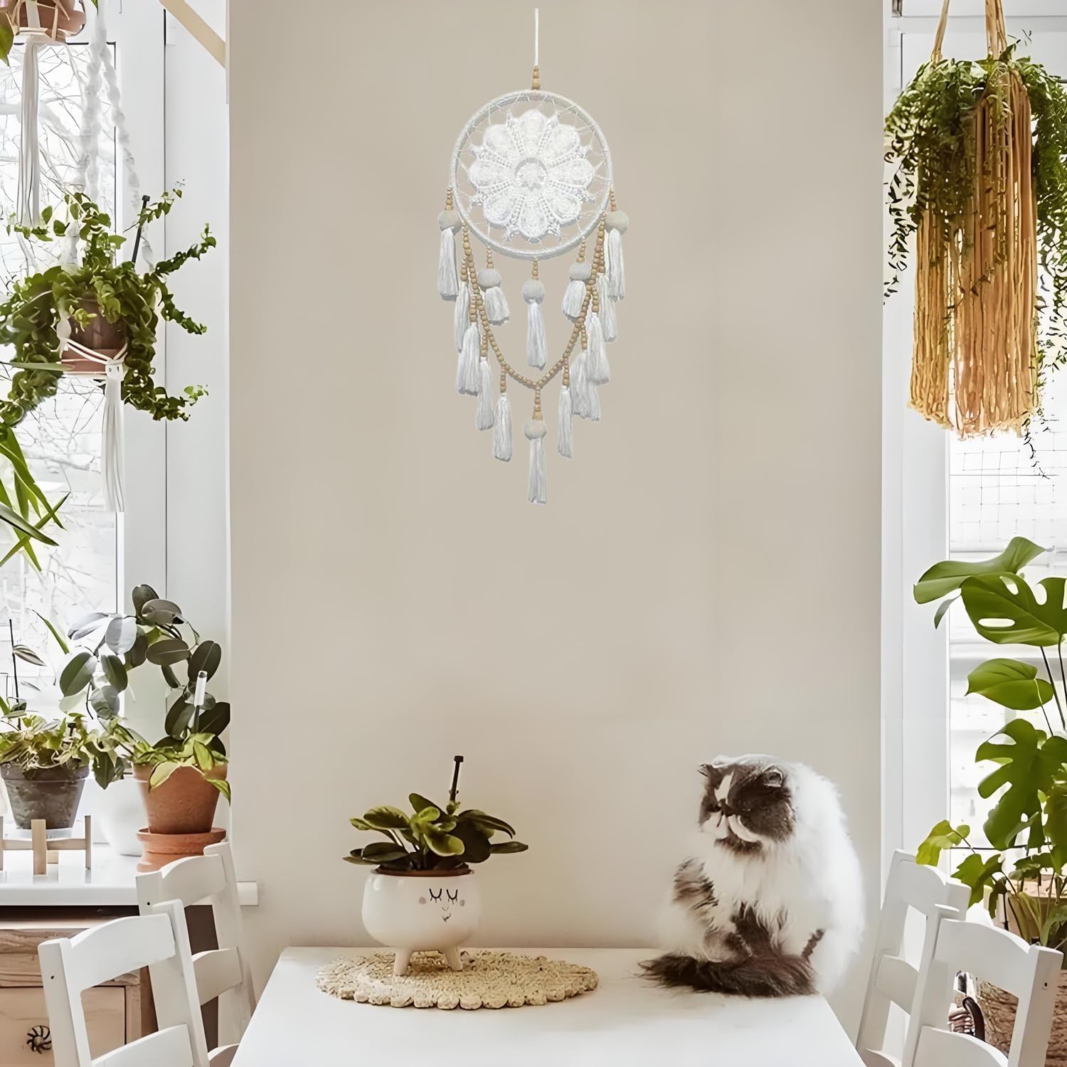 Bohemian Macrame Dreamcatcher Wall Hanging, Hand-Woven Crochet Lace Dream Catcher with Tassels & Wooden Beads, Boho Wall Decor for Bedroom, Nursery, Living Room (White)