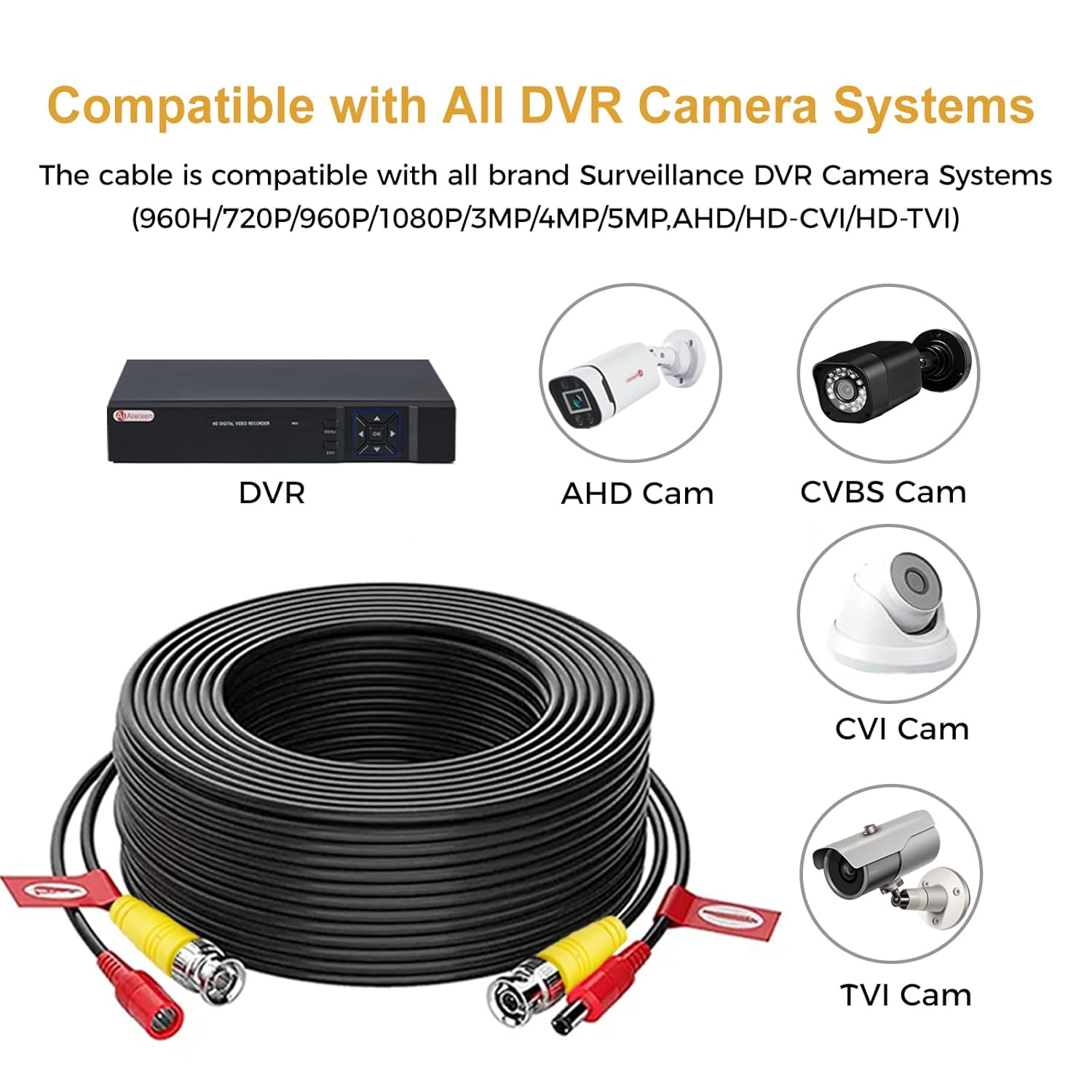 200ft/60M Video Power Cable 4 Pack, BNC Camera Cable for Security Camera Surveillance CCTV DVR System, Included 8 x BNC Connectors and Cable Clips