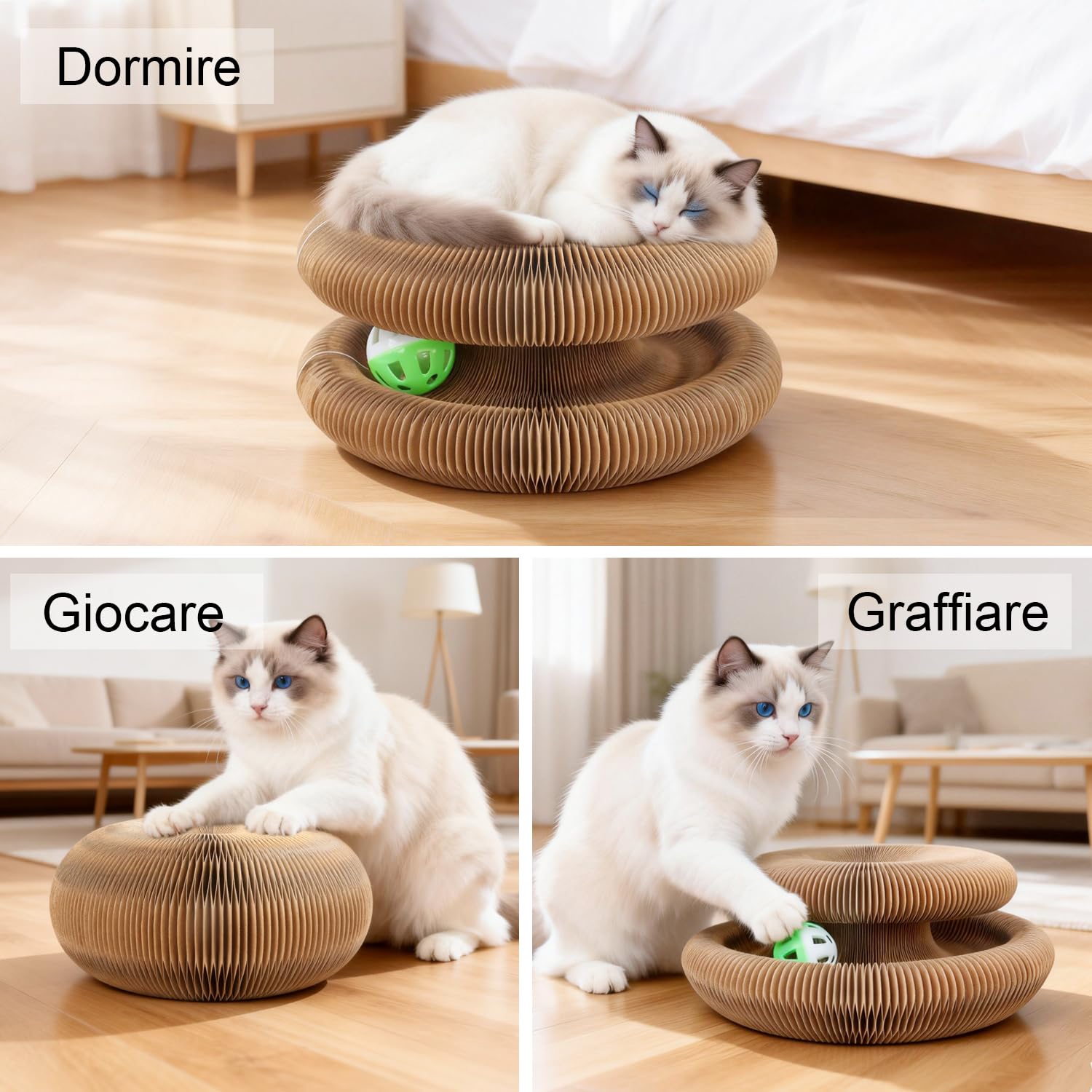 Magic Organ Tiragraffi per gatti | 2 in 1 pieghevole con campanella | Giocattolo interattivo e casetta di cartone per gatti domestici (Taglia standard - Bianco)