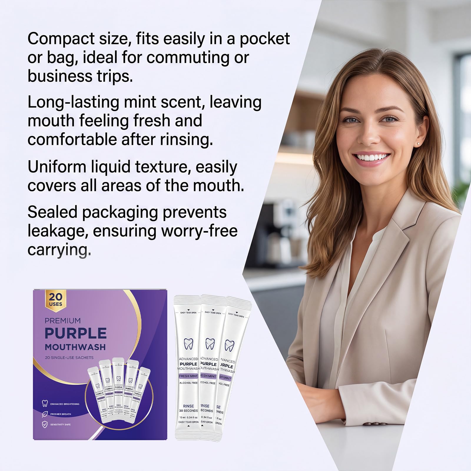 Purple Whitening Mouthwash Strips, Portable Travel Oral Care Pack of 20 | Alcohol Free Fresh Mint Travel Single Use Rinse, Single Use Purple Whitening Mouthwash Bustine, 30 Second Clean