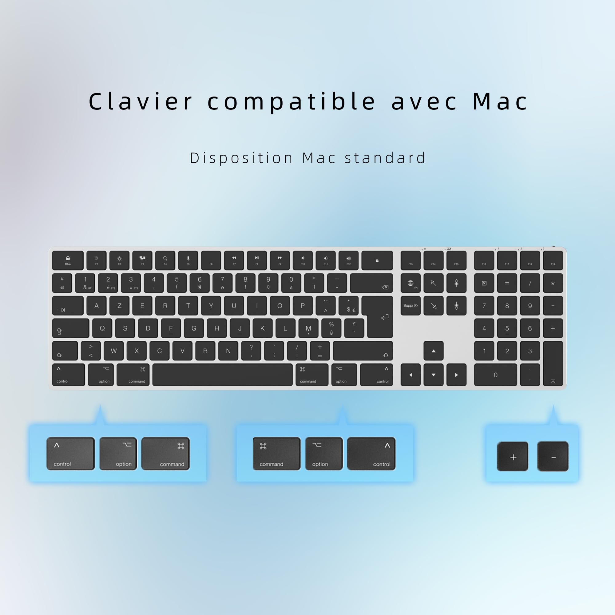 Clavier Bluetooth Aans Fil Rechargeable, en Aluminium pour Mac, Clavier Silencieux avec Touches Ultra-discrètes, Compatible avec Apple iMac, MacBook, Mac et iPad, Layout AZERTY, Argent Et Noir