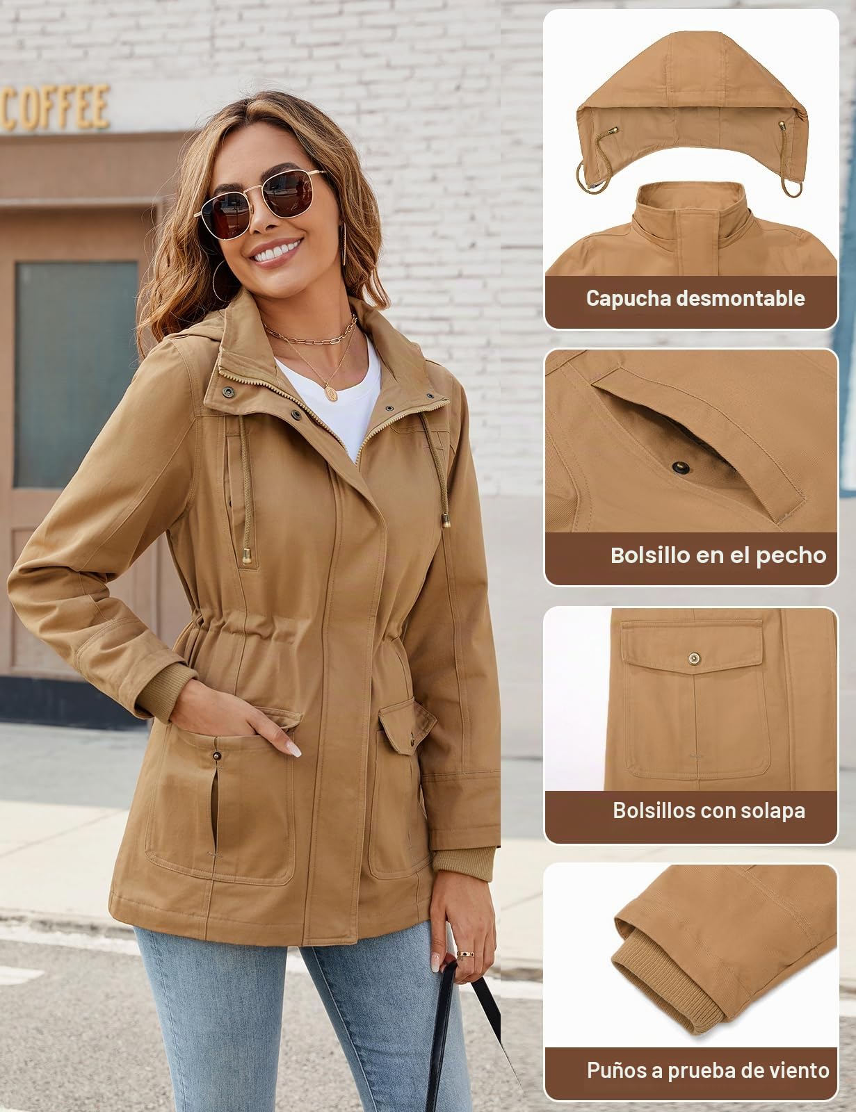 Tuopuda Chaqueta Militar Mujer Primavera Otoño Parka Entretiempo Cazadora Algodón Casual Sahariana Cintura Alta Cordón Zip Up Capucha Multibolsillos Aviador Abrigos Chaquetas Verano