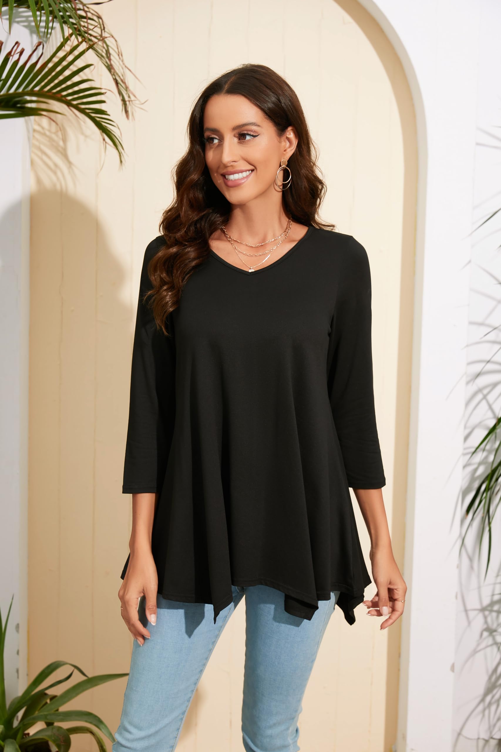 Enmain Maglietta Donna Tunica Scollo V Maniche a 3/4 Top Maglia Manica Lunga Taglie Forti Magliette Donna Tinta Unita Elegant Lungo Camicetta con Stampata