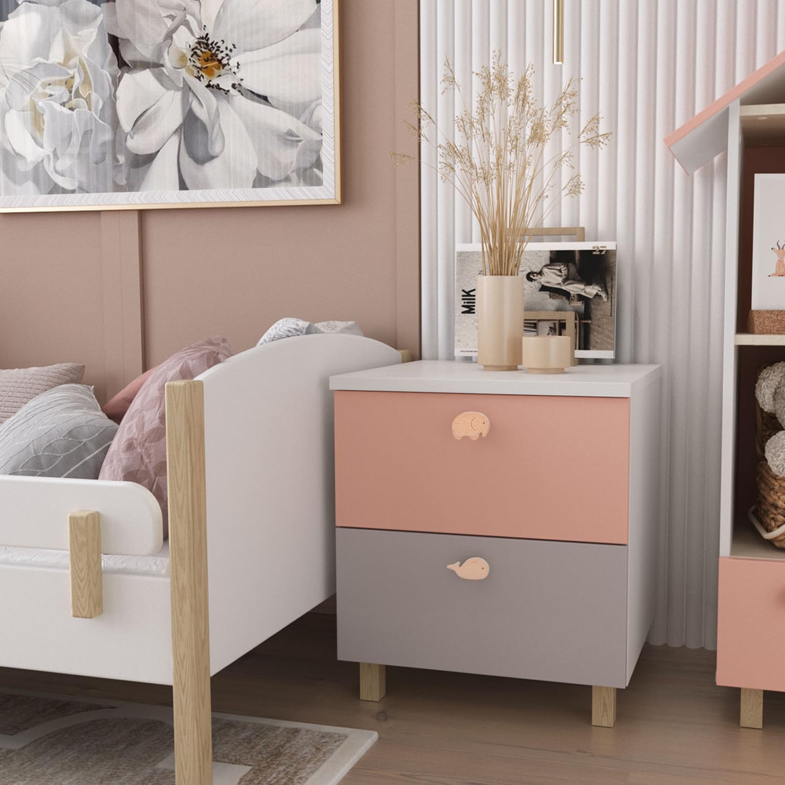VOSSOT Maniglie per mobili in legno per cameretta dei bambini, 6 pezzi, a forma di animale, con motivi di animali, pomelli per armadi con viti, pomelli per mobili