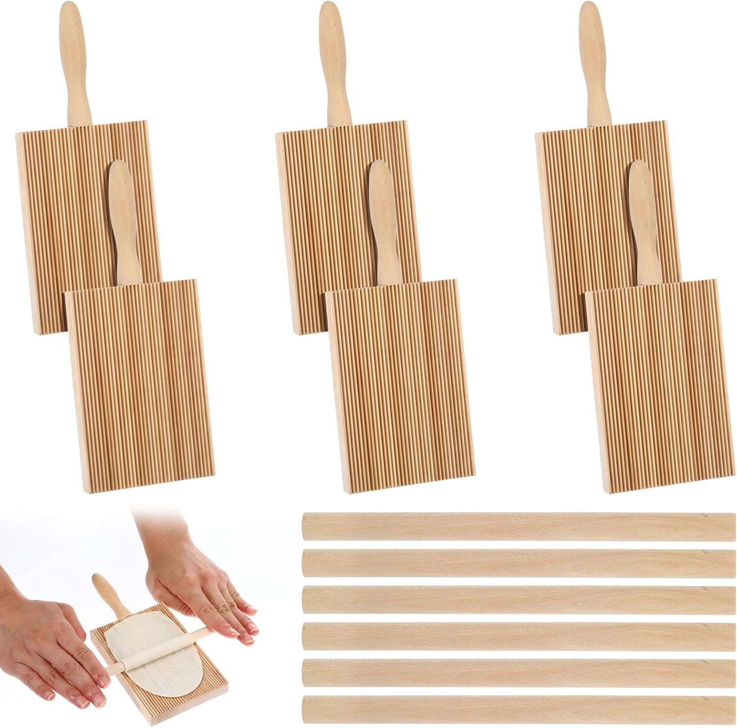 6 Set Gnocchi Boards and Ravioli Rolling Pin, Wood Pasta Roller Pin, Pasta Making Tools for Homemade Kitchen Cavatelli, Macaroni, Tortellini