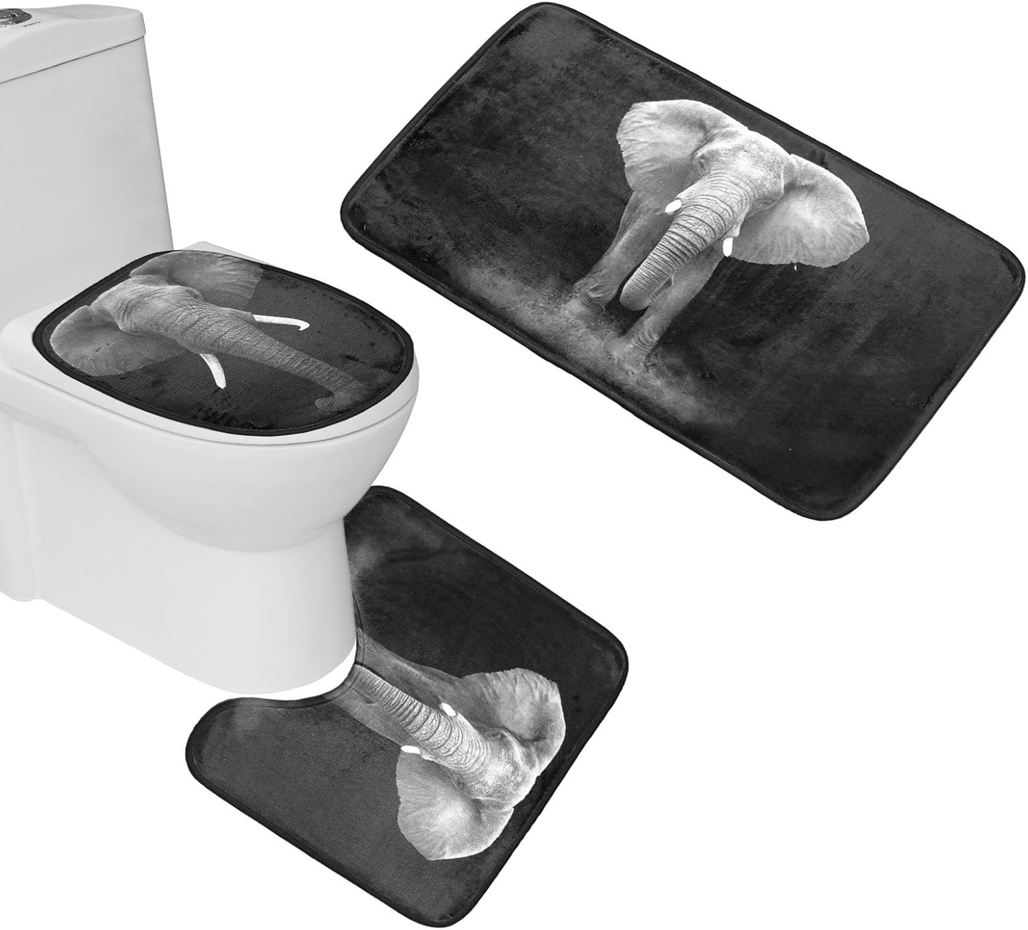 Elephant Art Black and White Photography 3 Piece Bath Mat Set Non Slip Bathroom Mat Contour Rug Mat Toilet Cover