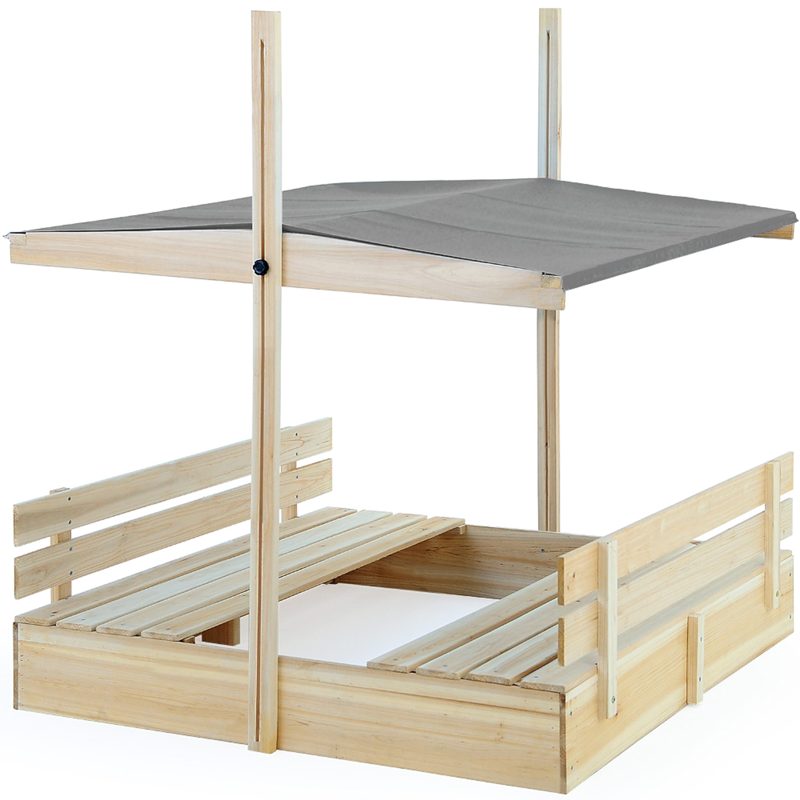 Spielwerk® Sandkasten Toni Sonnendach Sitzbank 120x120x120cm Naturholz Fichtenholz UV-Schutz Sandbox UV50+ Kantenschutz Bodenvlies Outdoor Kinder | Soft Play, ideal mit Kinetic Sand, Kleinkind-Gartenspielzeug, Holzspielhaus Sandkasten mit 2 Bänken & Boden