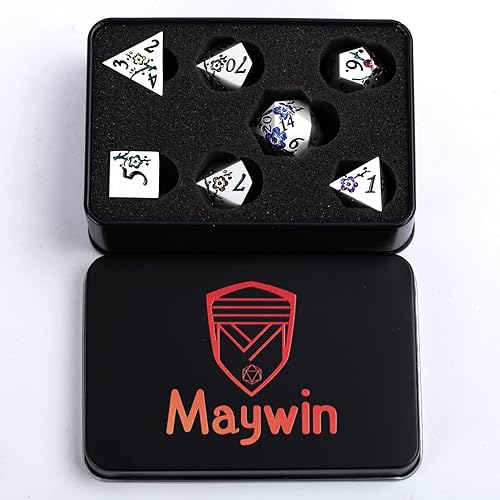 Miniatura 6 de Juego de 7 dados de flores metálicas sólidas D&D, juego de dados de metal de Calabozos y Dragones con caja de regalo para juego de mesa DND (brocado