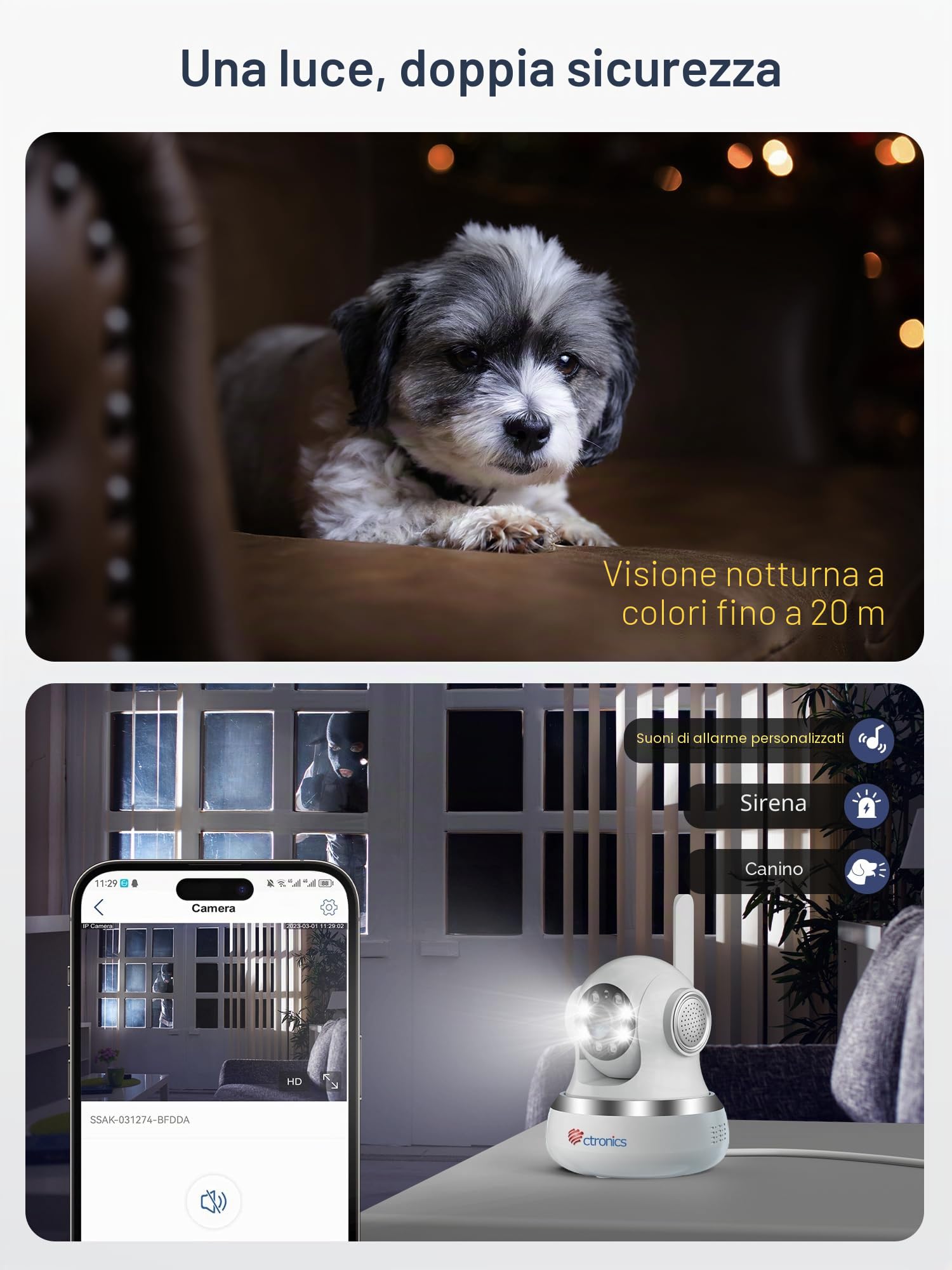 Ctronics 4k Telecamera Interno Wi-Fi Dual-Band | Rilevamento AI Persone/Animali con Tracciamento Automatico, Visione Notturna a Colori, Allarme Sonoro e Luminoso