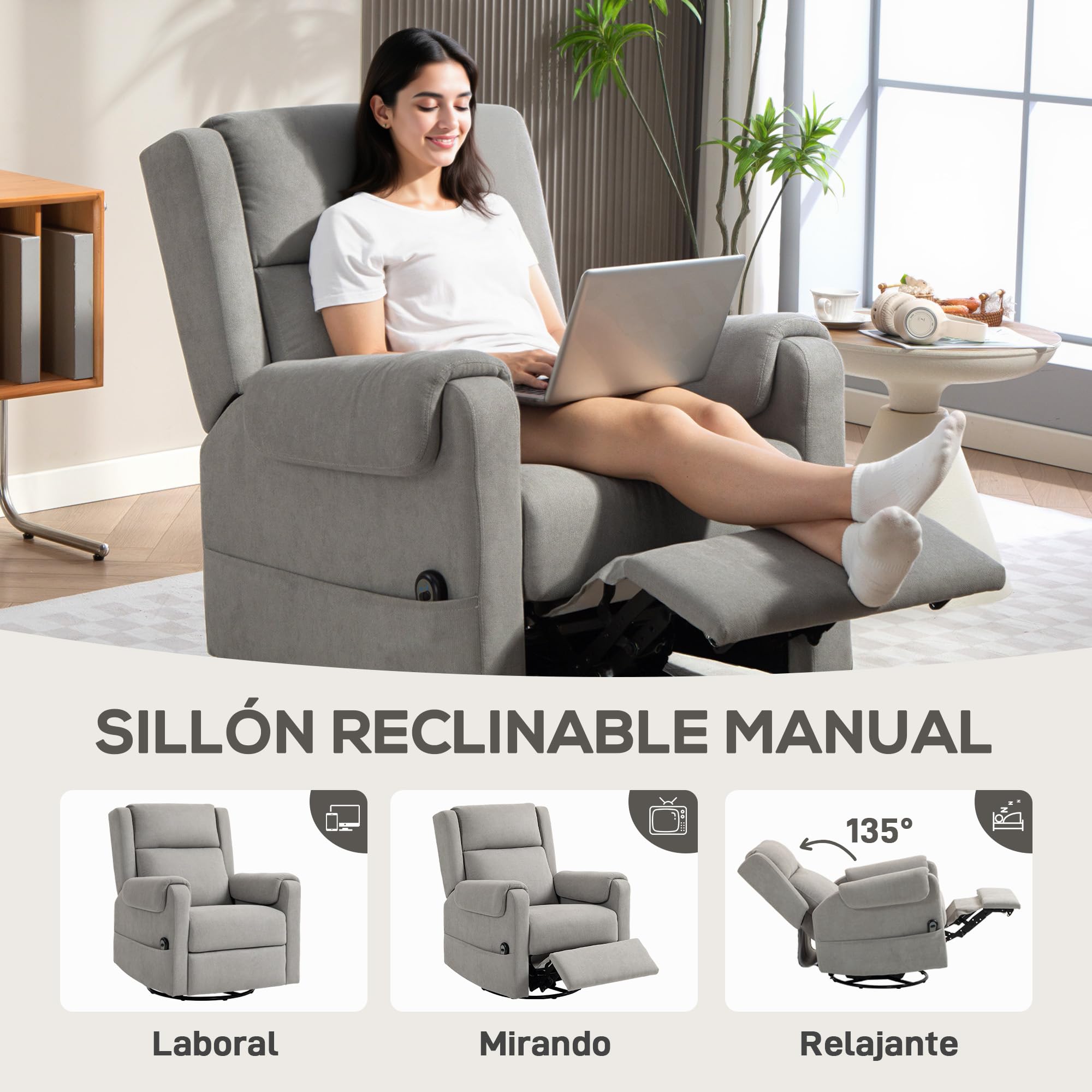 HOMCOM Sillón Relax Reclinable Eléctrico, Sillón Reclinable Giratorio y Balancín con Reposapiés Ajustable, Mando a Distancia, Acolchado Grueso, Tela de Rizo, para Dormitorio, Salón, Gris Claro