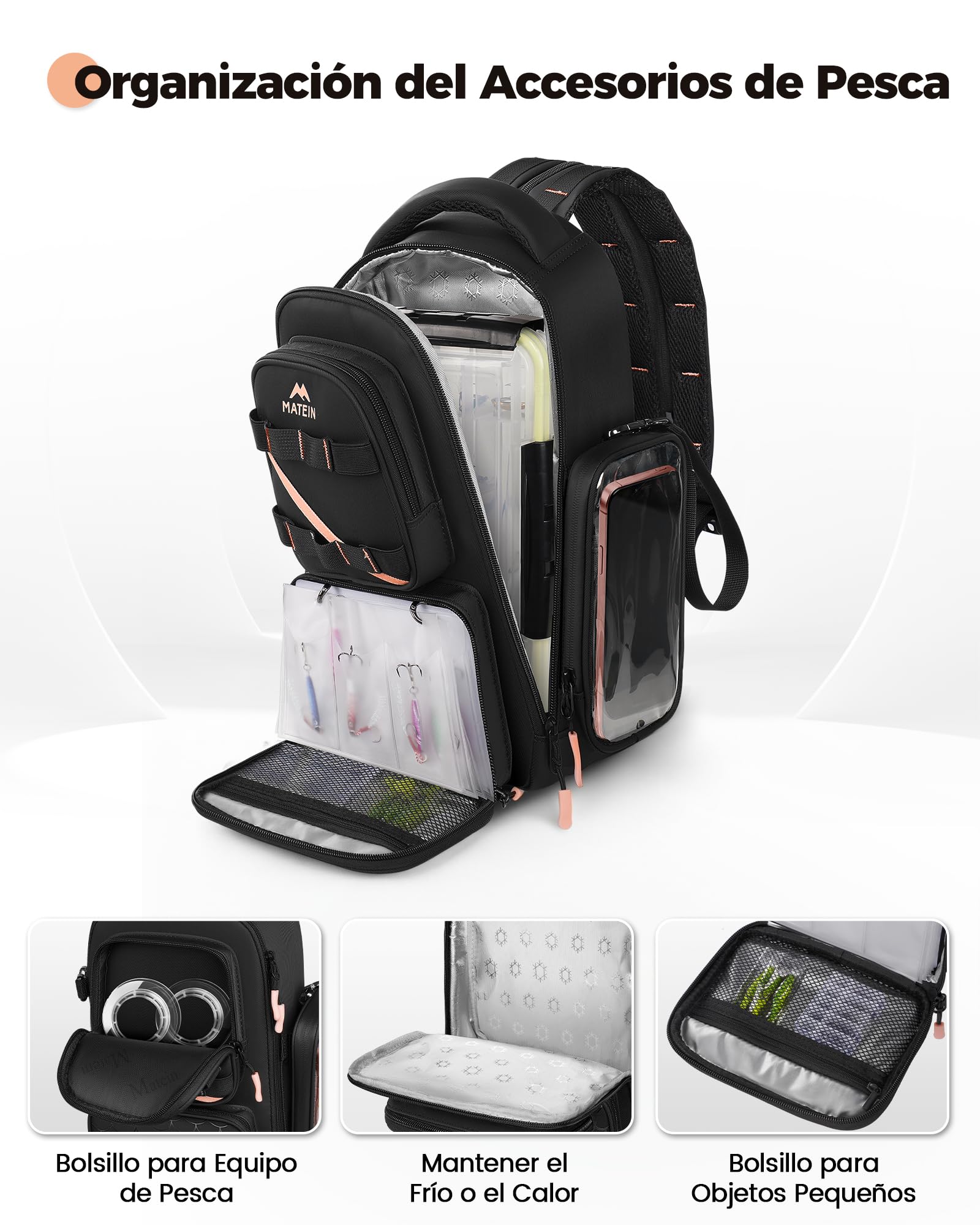 MATEIN Mochila Pesca con Soporte para Caña y Funda para Móvil, Negro