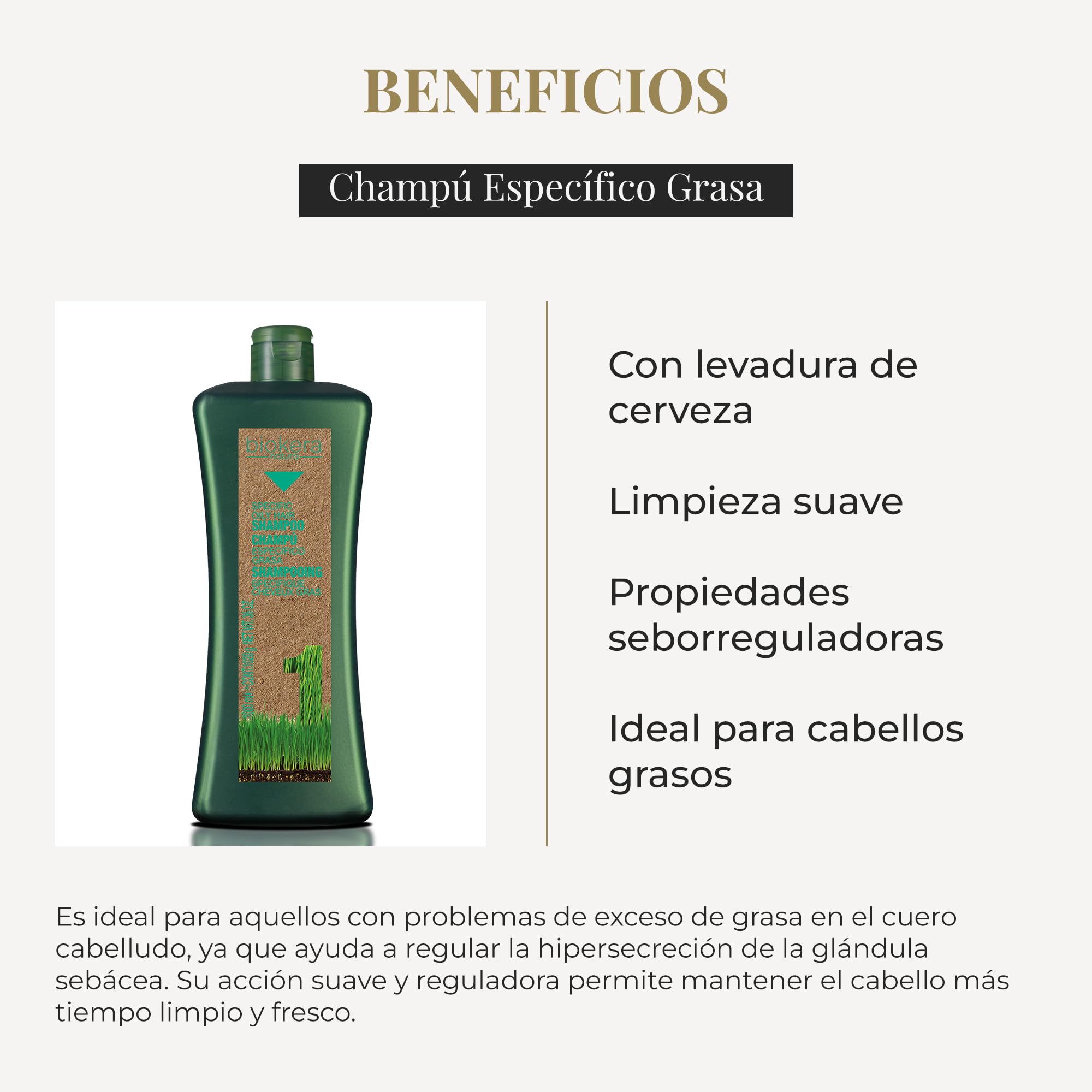 SALERM - Champú Antigrasa - Champú Específico Grasa Biokera Natura - 1000 ml - para Cabellos Grasos - con Levadura de Cerveza - Limpieza Suave - Propiedades Seborreguladoras