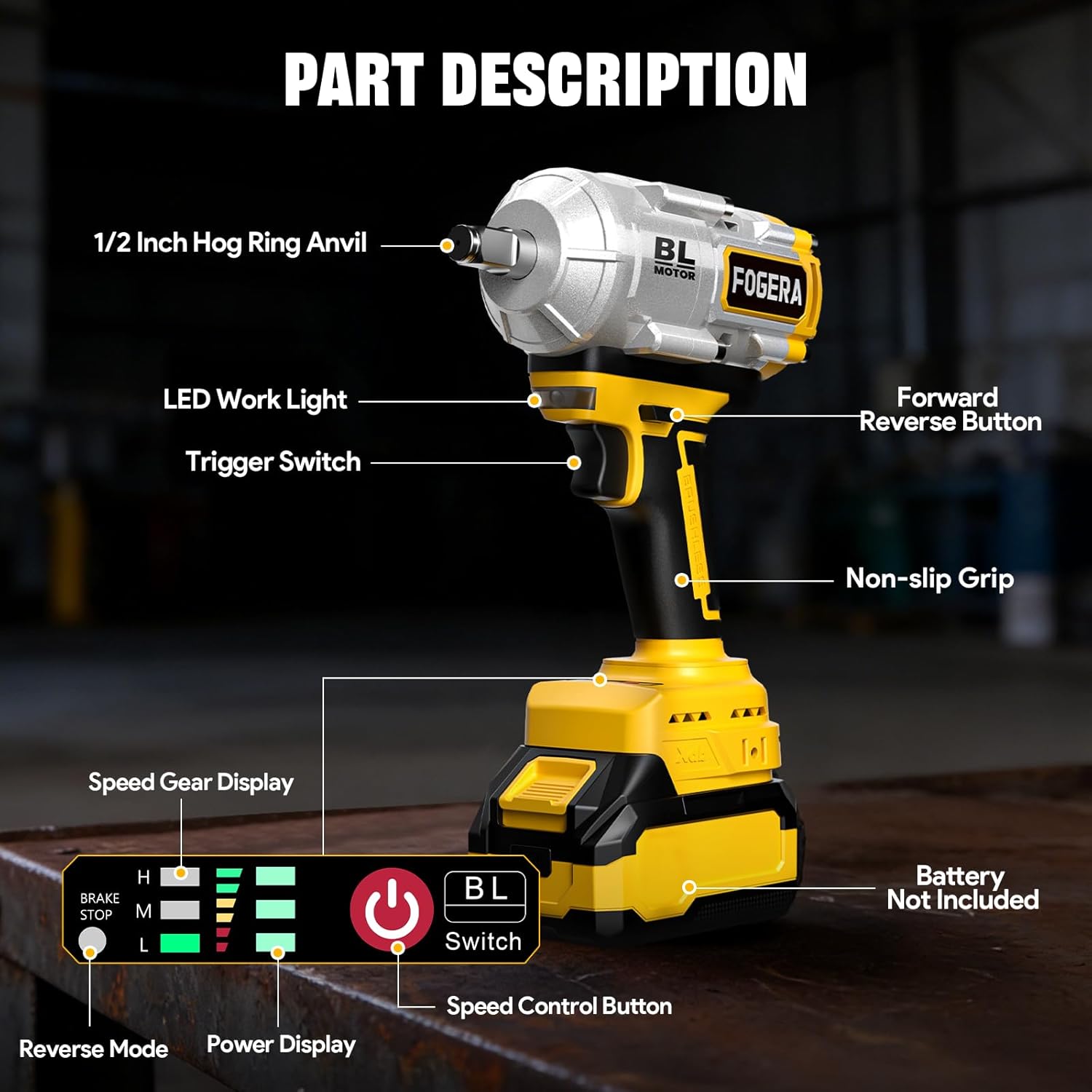Cordless Impact Wrench 1/2 Inch - Compatible with Dewalt 20V Batteries, 1100 Ft-lbs (1500N.m) High Torque Impact Driver, Brushless Impact Gun with 3 Speed Modes & LED Light (Battery Not Included) - Image 8