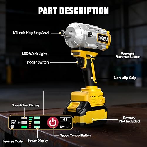 Miniatura 8 de Llave de impacto inalámbrica de 1/2 pulgada – Compatible con baterías Dewalt de 20 V, 1100 pies-libras (1500 N.m), destornillador de impacto de alto