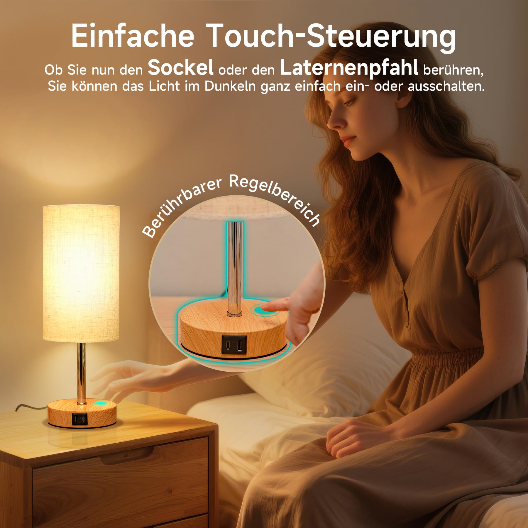 Görvitor Lampada da comodino Touch dimmerabile, set da 2 pezzi, lampada da tavolo con porte di ricarica USB-A/C, paralume in lino e 3 livelli di luminosità, lampada da comodino con cavo per camera da
