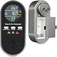 Detector de gás e CO 5 em 1 com visor digital | Plug-in + Detectores de monóxido de carbono de reserva de bateria de 9 V | Brilho ajustável e volume do alarme | Casa, trailer, apartamento (pacote com