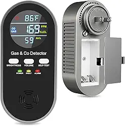 Detector de gás e CO 5 em 1 com visor digital | Plug-in + Detectores de monóxido de carbono de reserva de bateria de 9 V | Brilho ajustável e volume do alarme | Casa, trailer, apartamento (pacote com