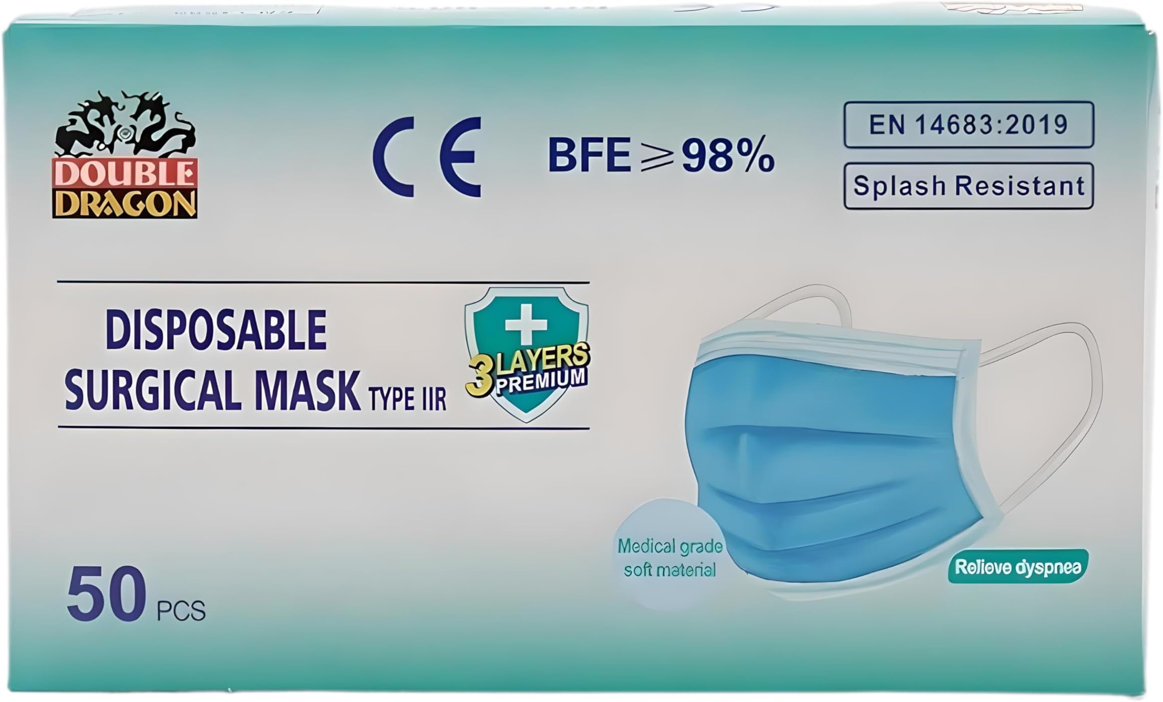 Double Dragon British Brand 3-Ply Type IIR Disposable Surgical Face Mask | EN14683:2019 Certified | 98% Filtration, Fluid-Resistant, Medical-Grade Mask with Black Ear Loops – Pack of 50