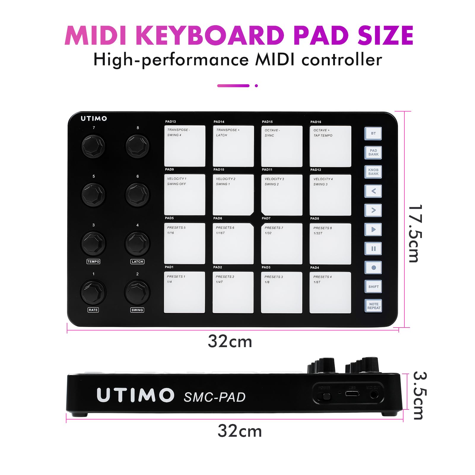 Nikou 16-Tasten MIDI-Controller Percussion Pad, RGB Hintergrundbeleuchtung MIDI-Tastatur BT-Anschluss, 3,5mm Ausgang mit Geringer Latenz, Eingebaute Batterie (Schwarz)