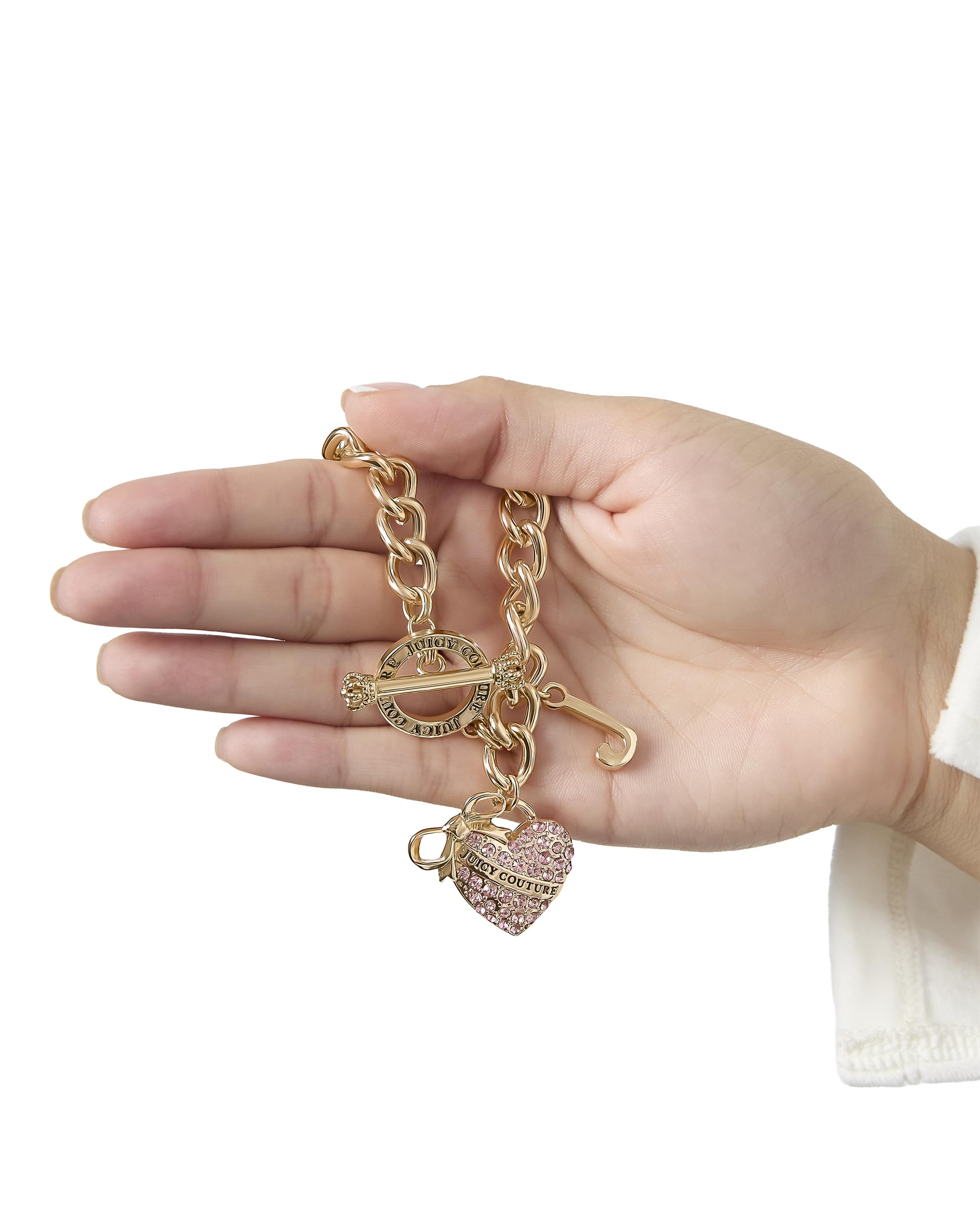 Juicy Couture Pink Stone Heart Bracelet for Women, 7.5" Gold-Tone Toggle Bracelet with Logo Charms