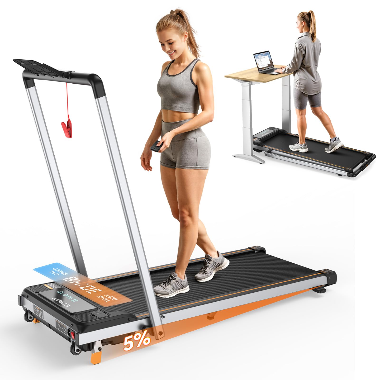 Fithrill Walking Pad with 5% Incline, Under Desk Treadmill with Remote Control for Home Office, 265LBS Capacity