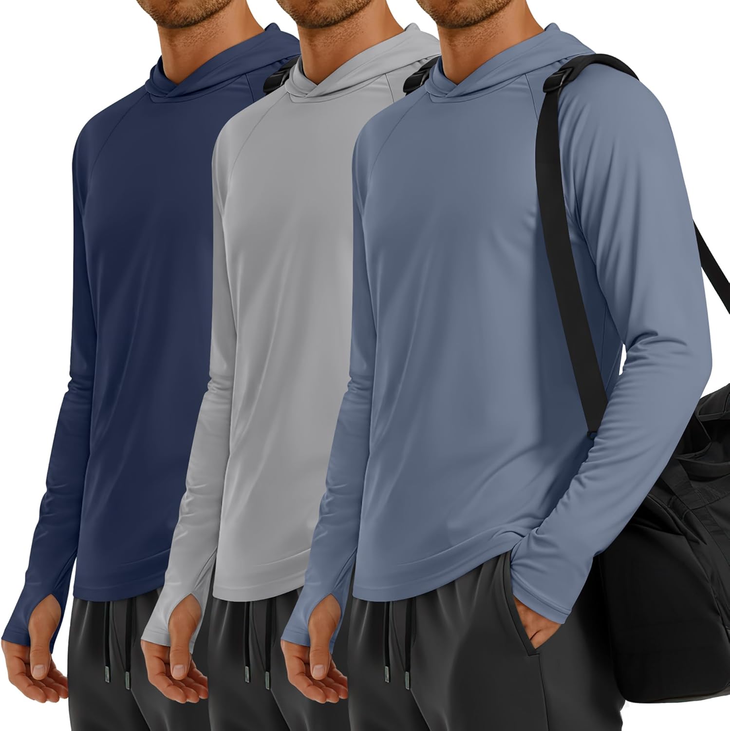 Locoowai 3 Pack Men's Sun Protection Hoodies UPF 50+ SPF Fishing Shirts Long Sleeve UV Quick Dry Lightweight Swim Sweatshirts
