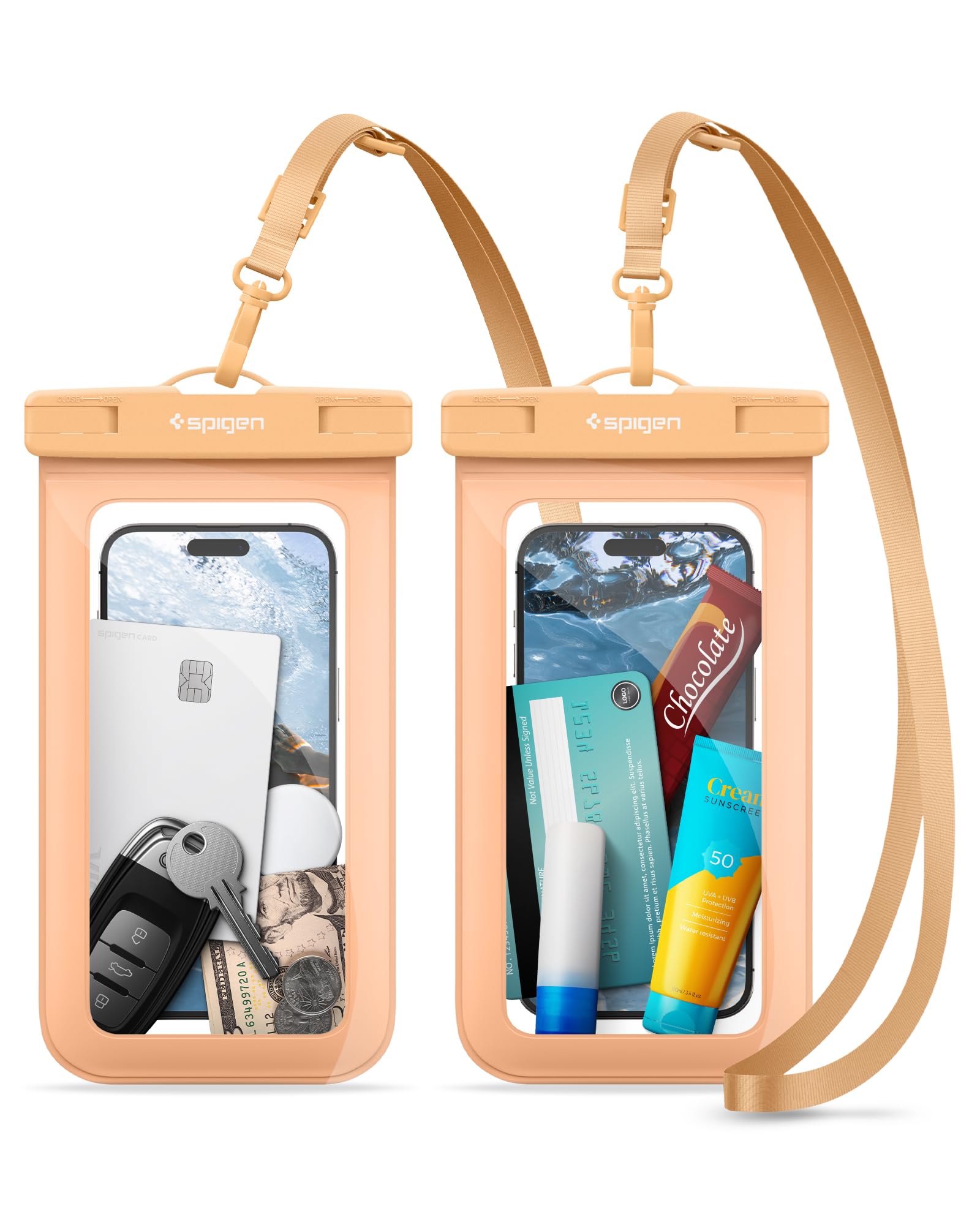 Spigen wasserdichte Handyhülle [Aqua Shield] [2 Stuck] IPX wasserfeste Handytasche Unterwasser Hülle kompatibel mit iPhone 16/15/14/13 Serien, Galaxy S25/S24/S23 und Allen Smartphones - Apricot