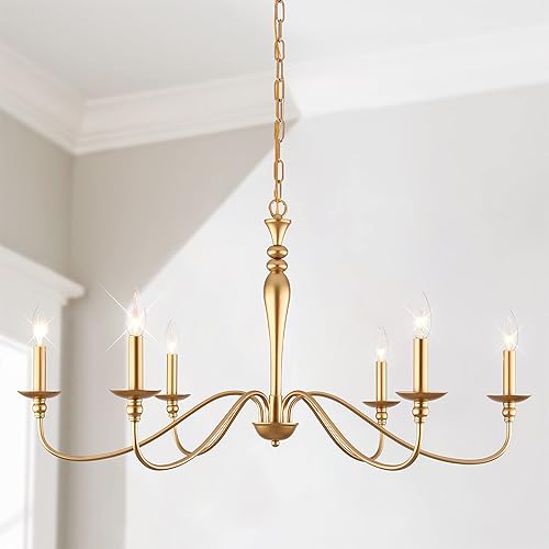 PAPAYA Farmhouse chandelier 6-light Gold Industrial Classic Candle Ceiling Rustic Pendant Lights Fixture for Dining Living Room Bedroom Kitchen Island Hanging Lighting