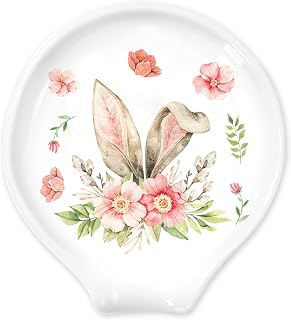 JarThenaAMCS Easter Spoon Rest Spring Bunny Flower Ceramic Spoon Holder Watercolor Rabbit Ears Floral Sauce Dishes Ring Dish for Coffee Station Accessories Stirrers Bar Kitchen Home Office Decor