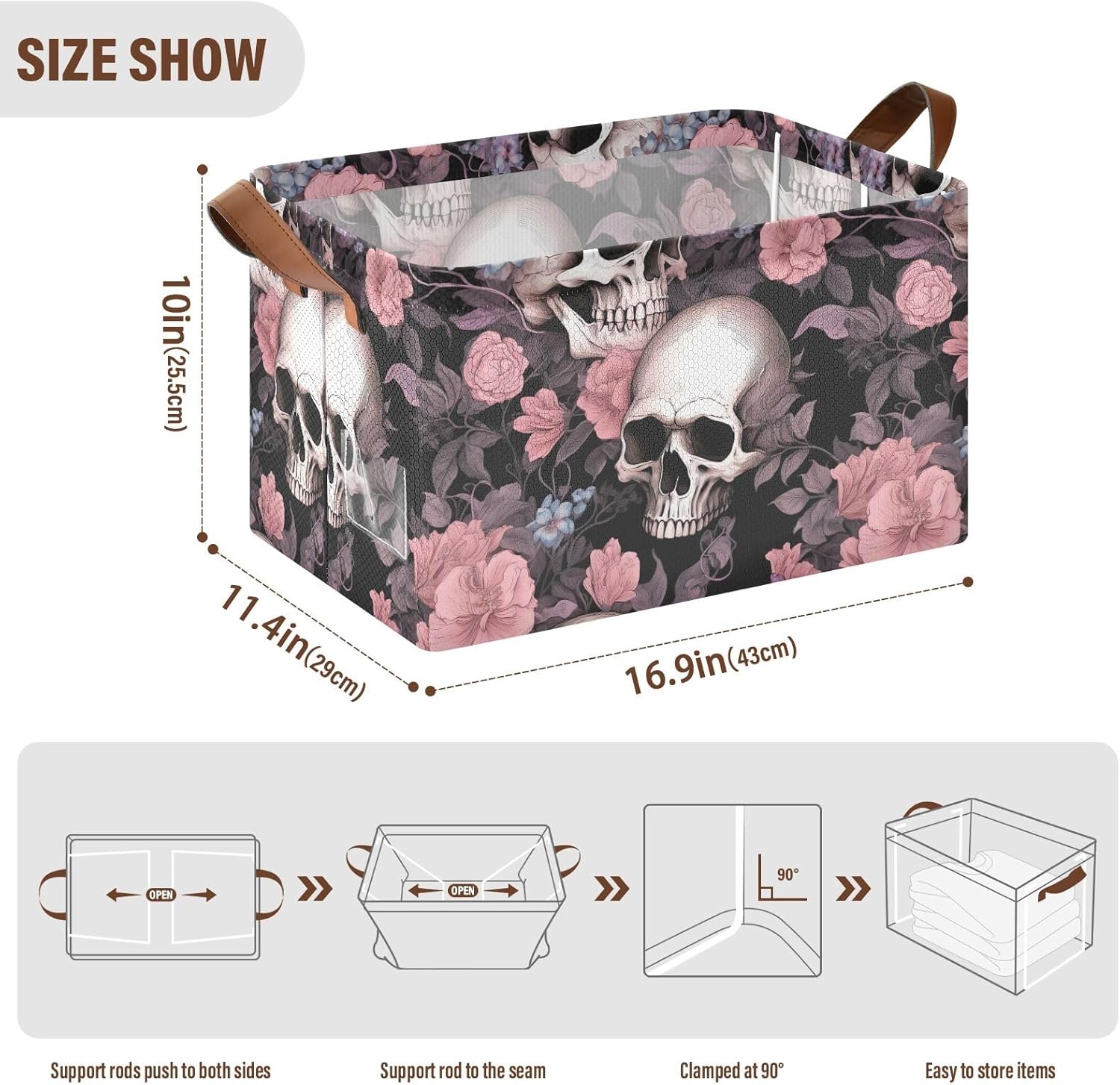 折りたたみ式装飾ストレージバスケット、ハンドル付き、16.9インチx11.4インチx10インチのバスケットストレージスカル、バラ、衣
