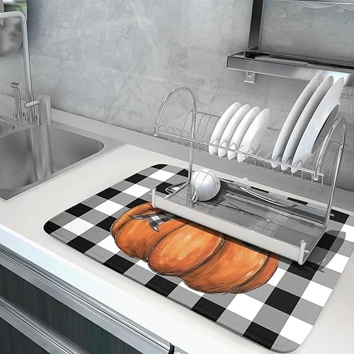 Miniatura 5 de Tapete de secado de otoño para encimera de cocina, de 18 x 24 pulgadas, color negro y blanco, diseño de calabaza, cosecha de Acción de Gracias,