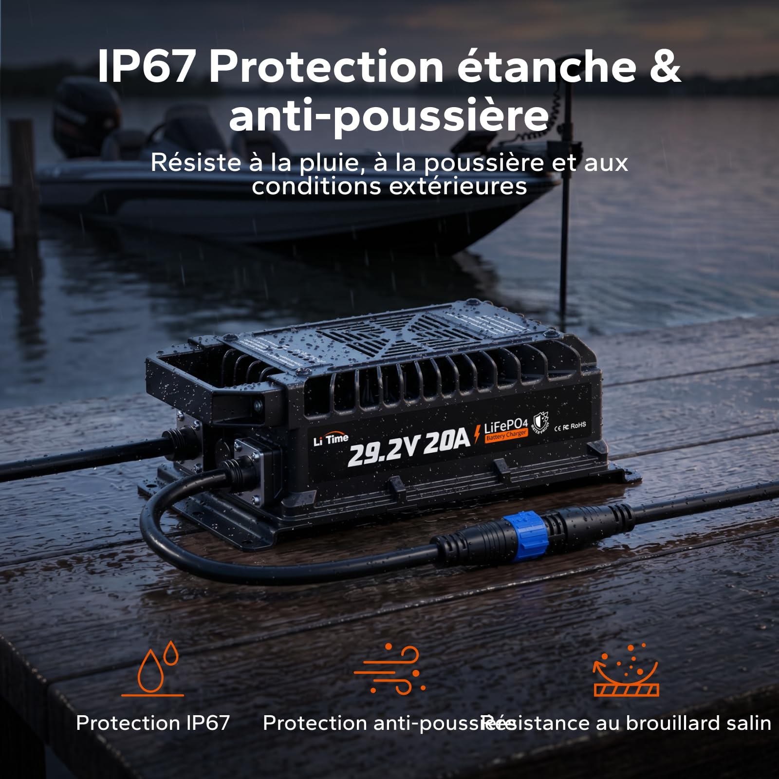 LiTime Chargeur Batterie Lithium 24V 20A, 29,2V AC-DC, IP67 Étanche