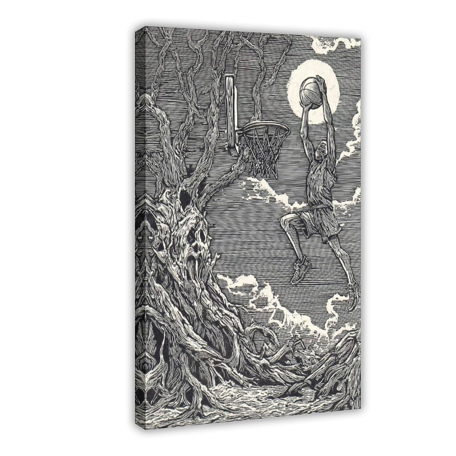 Ywtjax Frame-Style Basketball Dunk Surrealist Poster Canvas Poster For Dorm Room Decor Gift