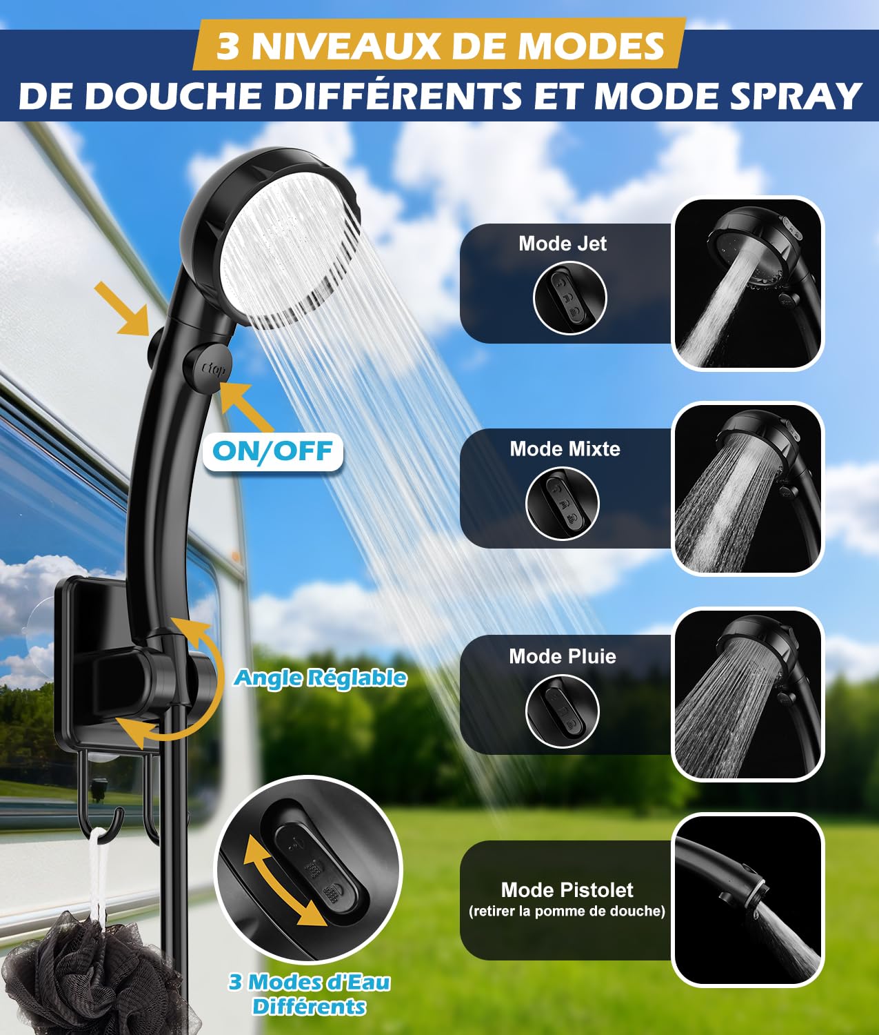 WADEO Douche Portable Camping avec Seau Pliable 20L & Pompe 5 Vitesses | 4 Modes Pulvérisation, Pompe Douche Rechargeable 4500 mAh avec Écran LED, IPX8, Douche Camping pour Voyage, Animal, Voiture