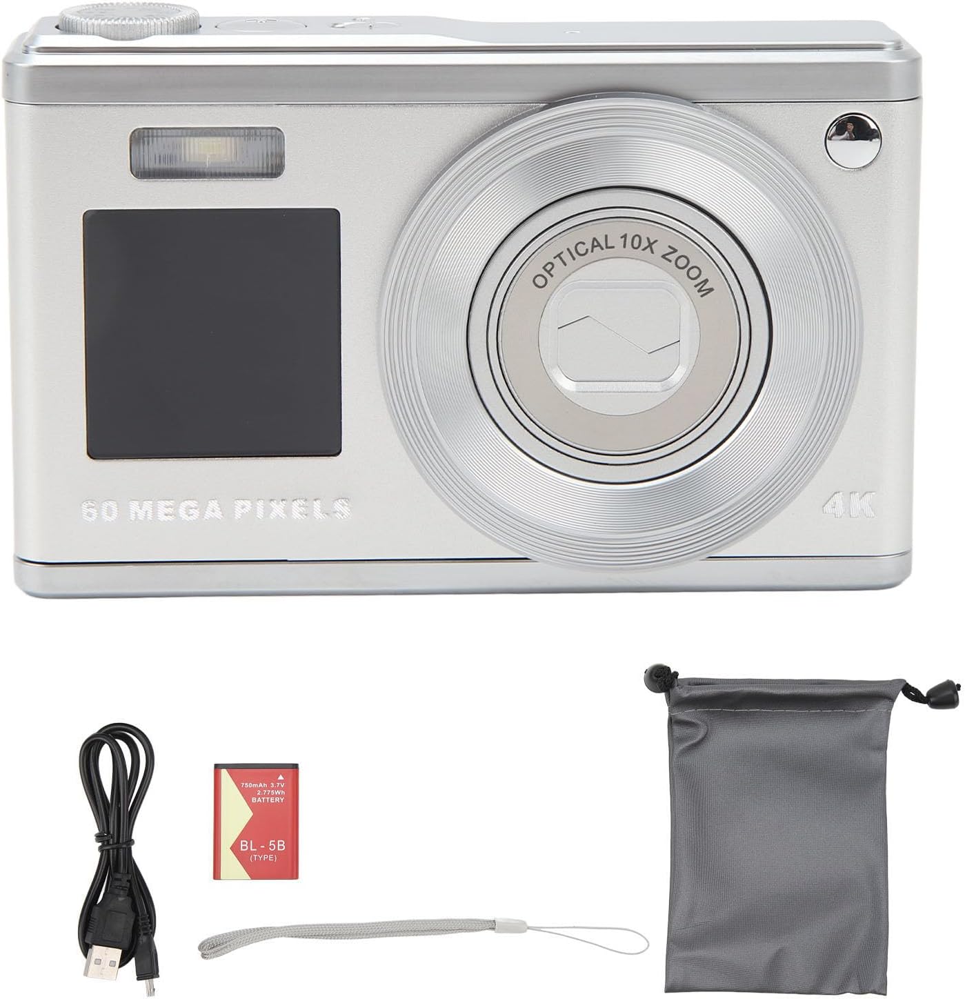 Digital Camera, 2.88in IPS Screen Anti Shake 10X Optical Zoom 750mAh Auto Focus Vlogging Camera Built in Fill Light, Digital Point and Shoot (Silver)