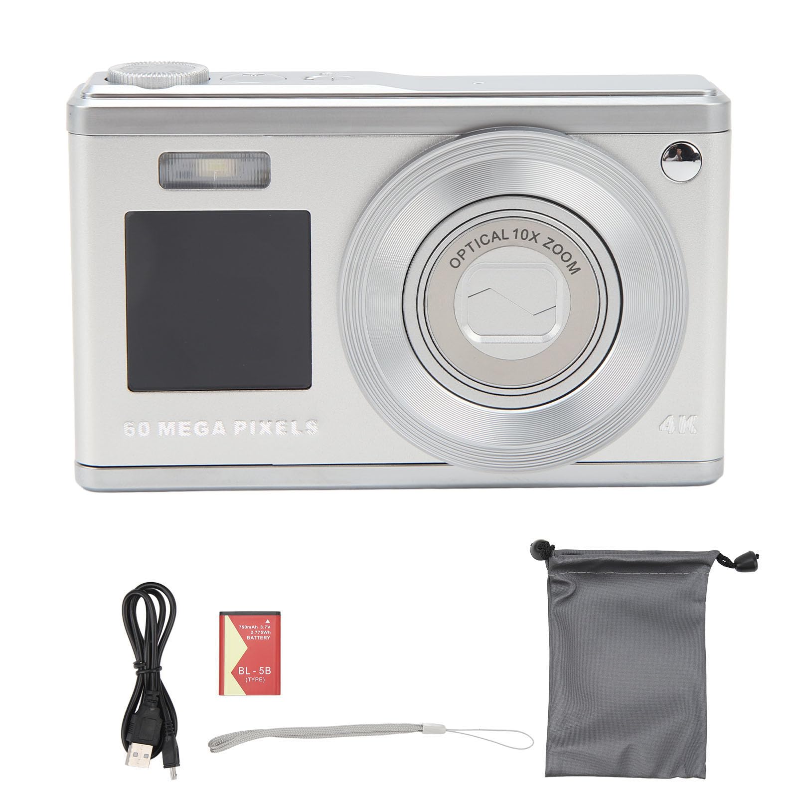 SIXRUN 4K Digitalkamera, FHD 60 MP Vlog Kamera, 2,88 Zoll IPS Bildschirm Kamera Fotokamera, Autofokus Fotoapparat Digitalkamera, für Erwachsene, Anfänger (Silver)