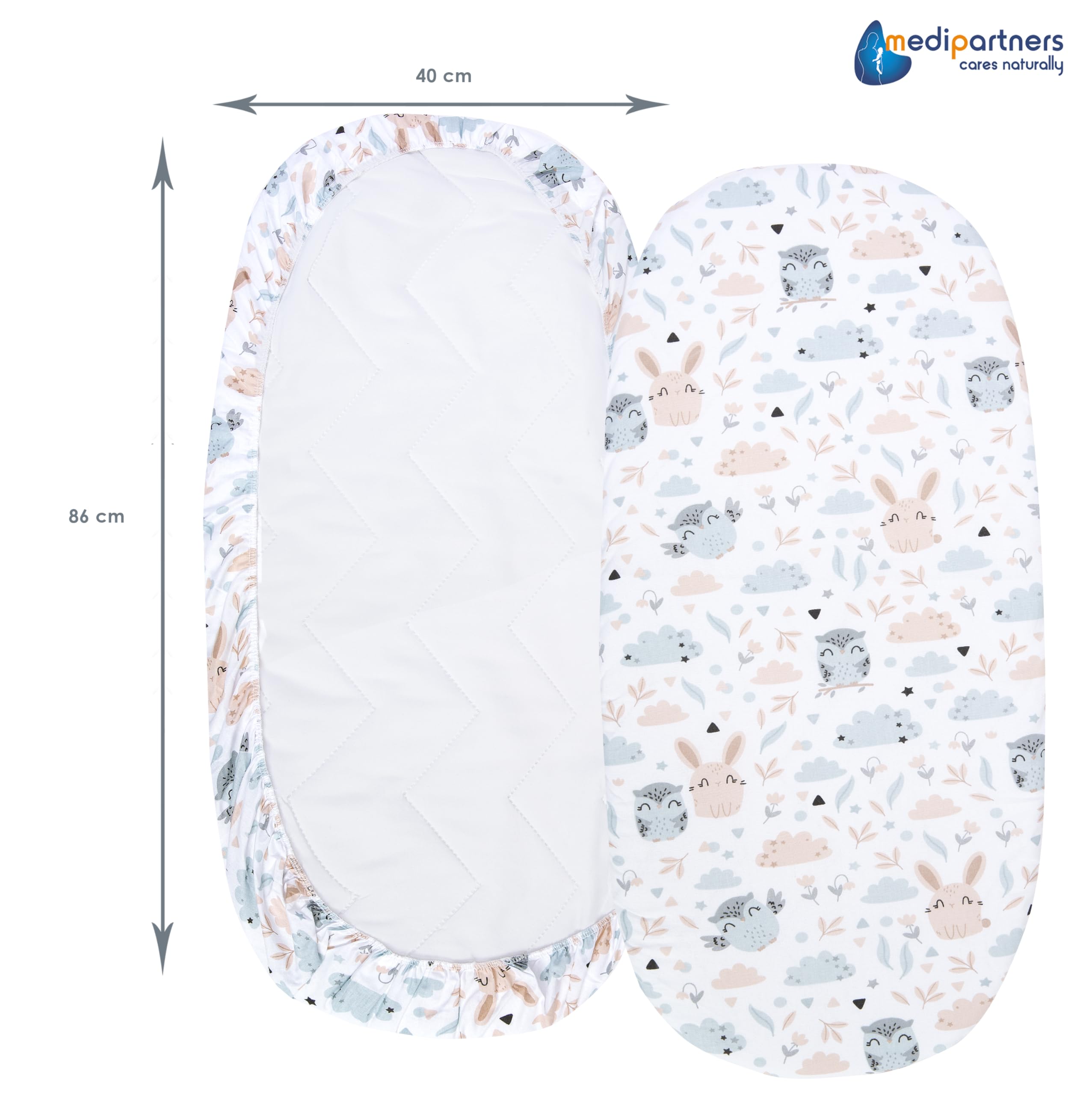 Medi Partners Set of 3 pcs. Fitted Sheet Pram 86 x 40 cm 100% Cotton Mattress Protector Baby, Glade-white-grey, Three pack - Image 4