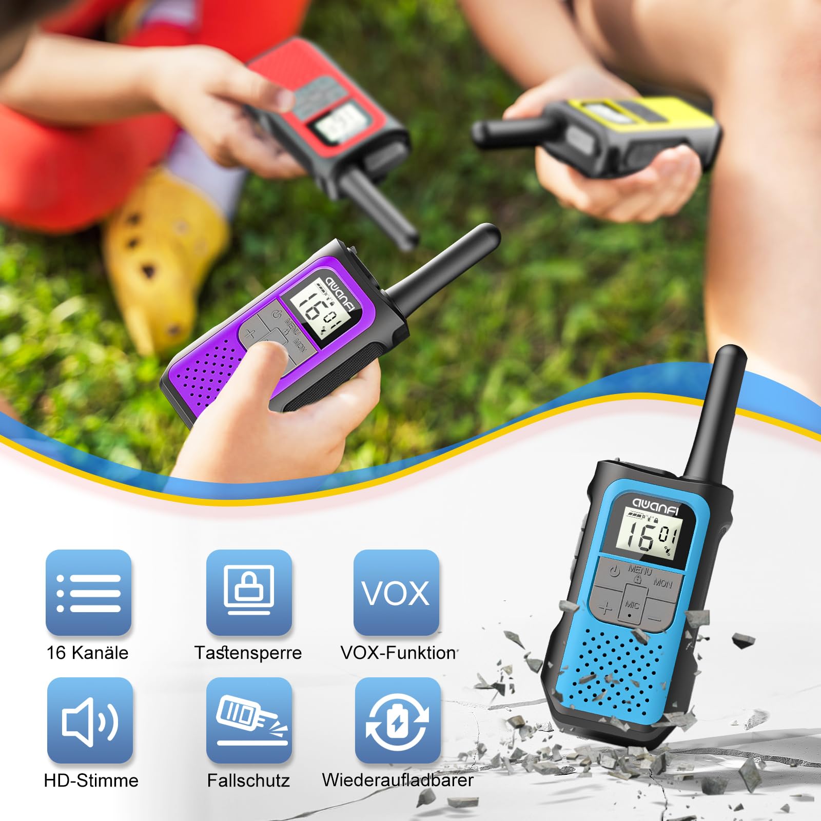 Walkie Talkie 4er Set, Walkie Talkie Aufladbar für Erwachsene Kinder, 16 Kanäle Funkgeräte Set mit 1200mAh Li-ion Akku VOX, Walki Talki für Camping Wandern Geschenk